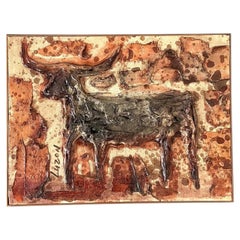 Vintage Original Mixed Media Bull on Canvas