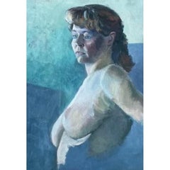 Vintage Original Retrato Desnudo Óleo sobre Lienzo