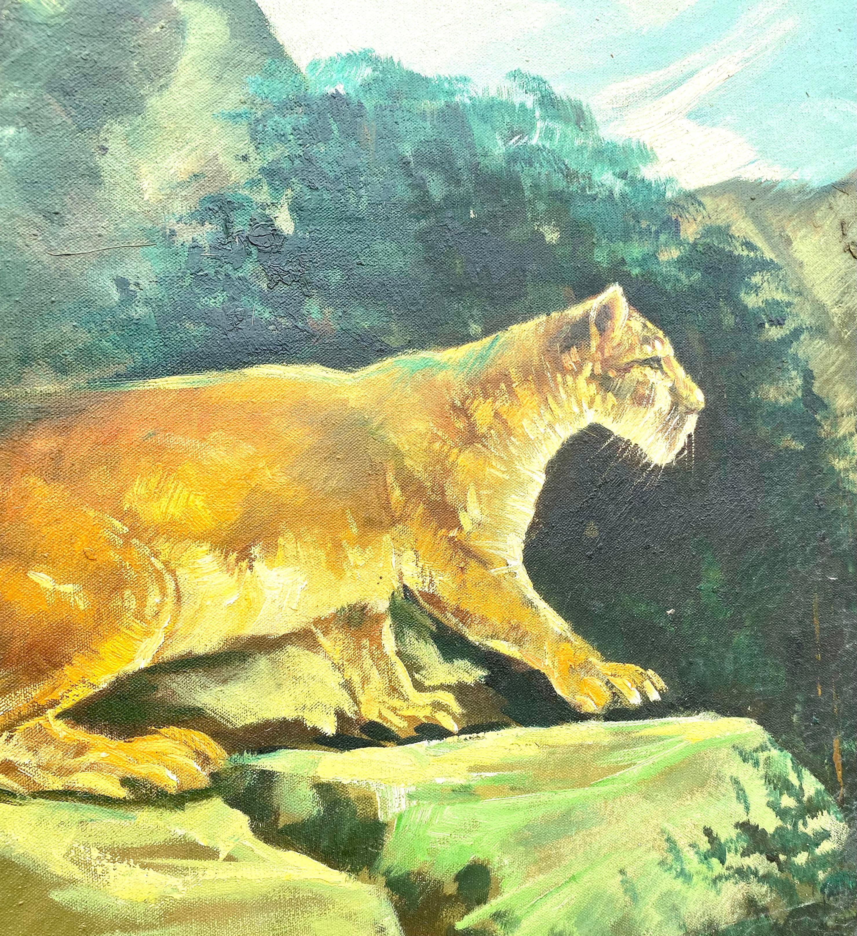 Fantastic vintage original oil painting. A fabulous composition of a prowling tiger. Signed in the bottom left. Acquired from a Palm Beach estate.