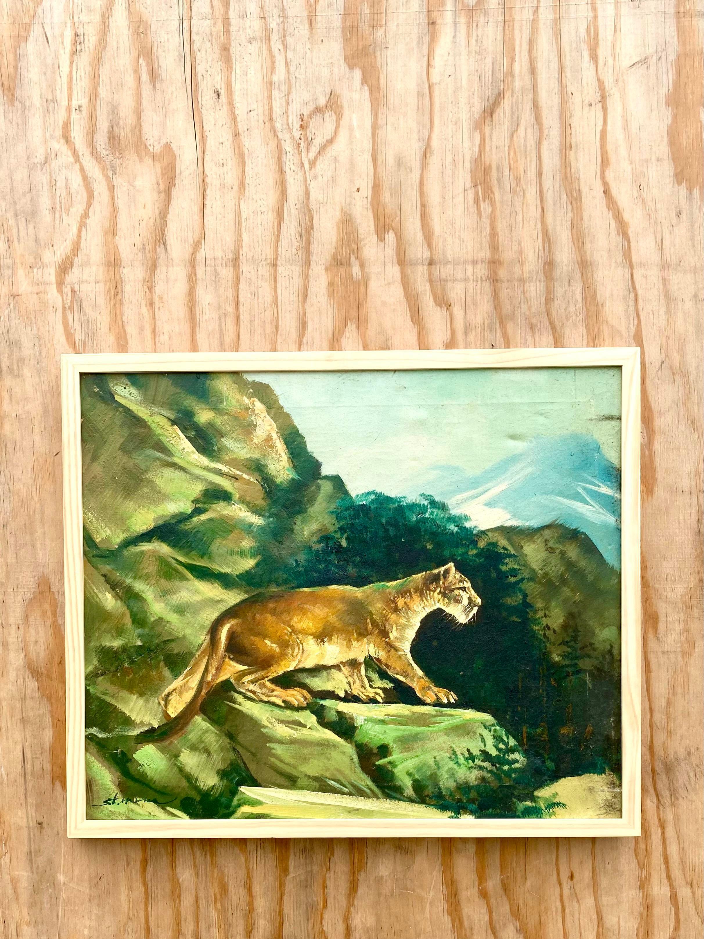 Bohemian Vintage Original Oil of Prowling Tiger Signed For Sale