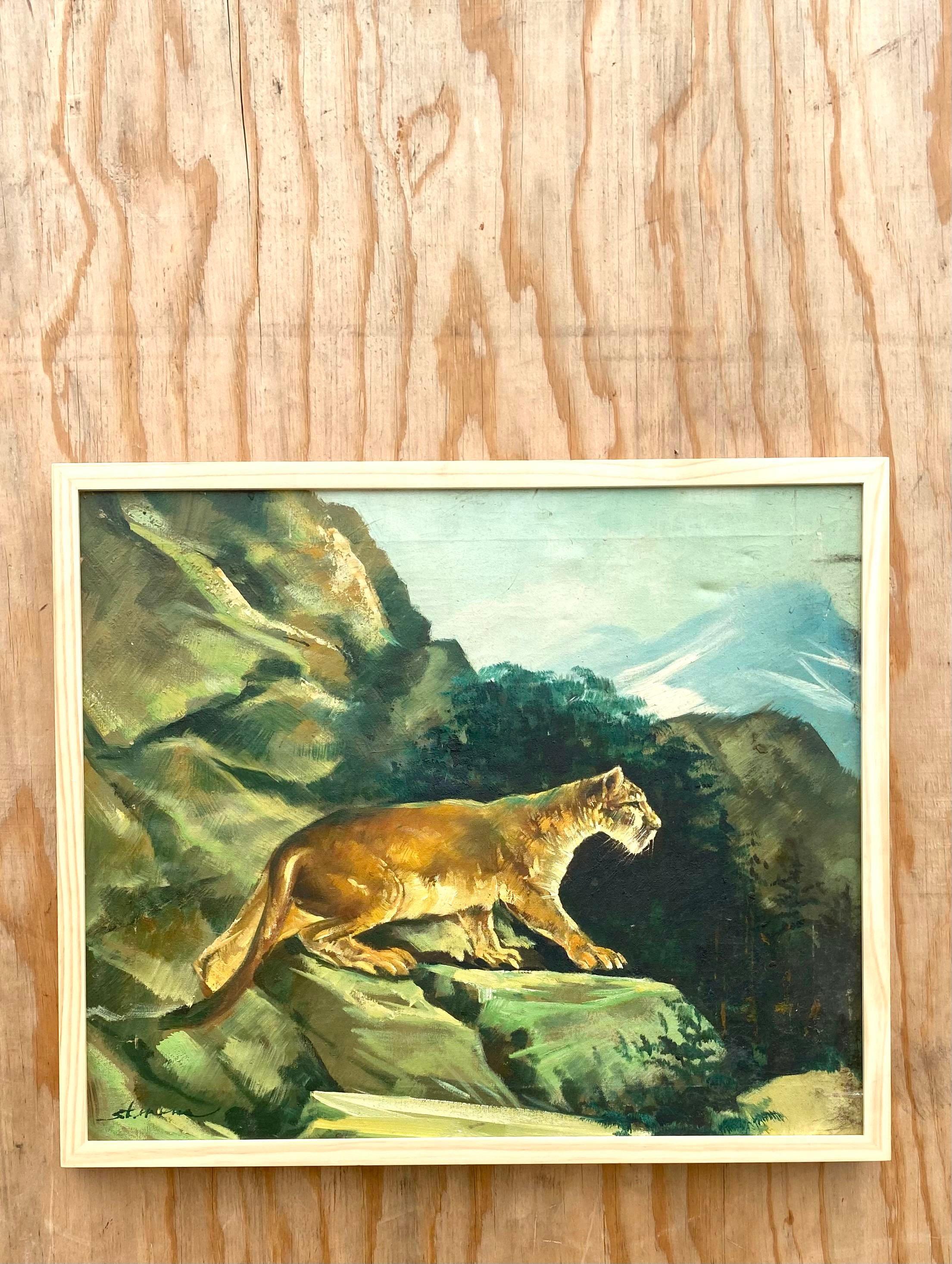 Vintage Original Oil of Prowling Tiger Signed In Good Condition For Sale In west palm beach, FL