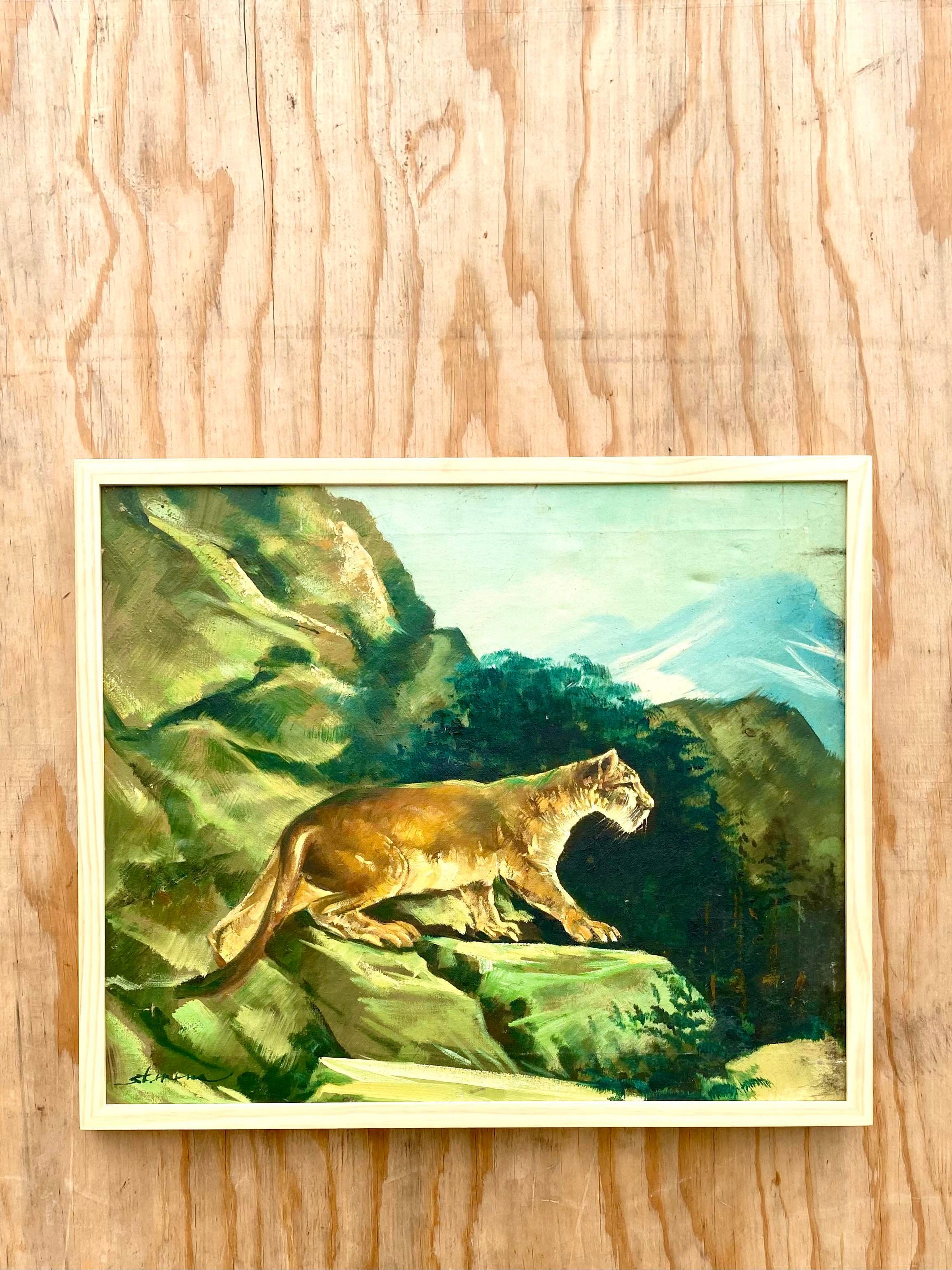 20th Century Vintage Original Oil of Prowling Tiger Signed For Sale