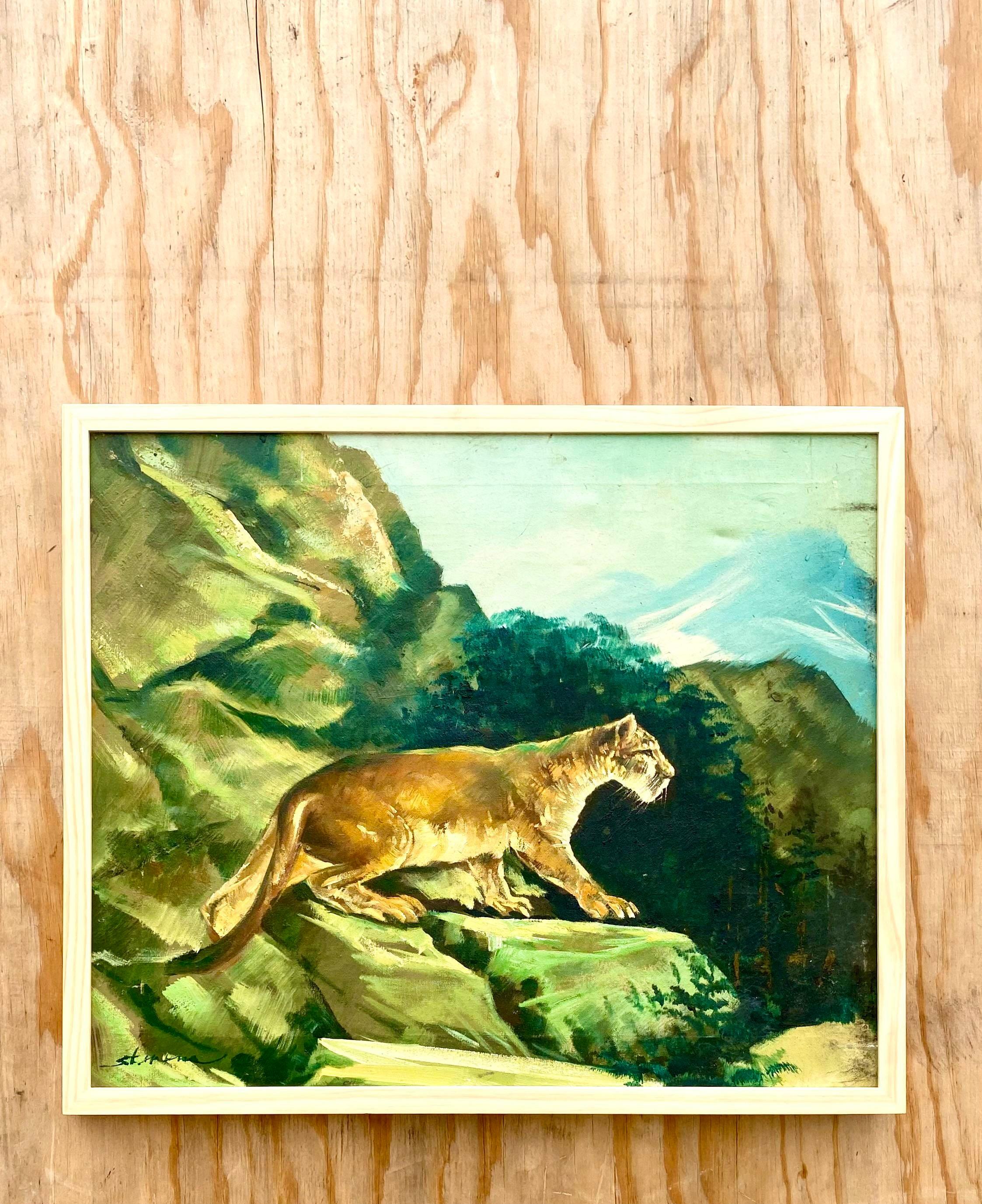 Vintage Original Oil of Prowling Tiger Signed For Sale 1