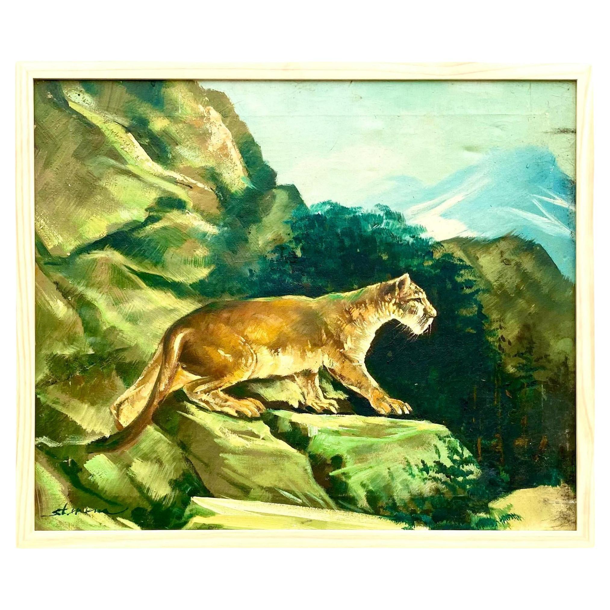 Vintage Original Oil of Prowling Tiger Signed For Sale