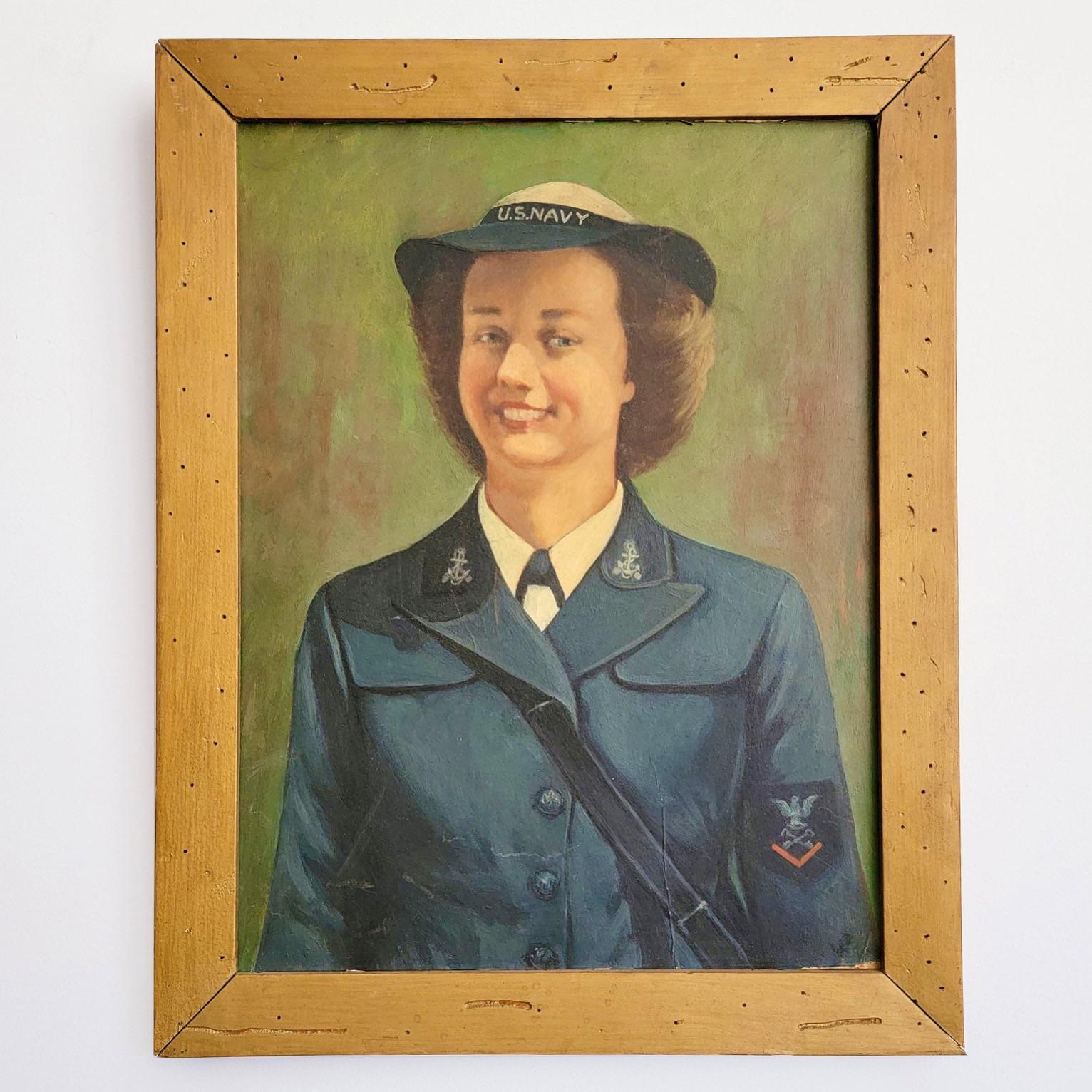 Fantastic vintage original oil on board. A fab composition of a smiling female Navy soldier. Sure the brighten the mood in any room. Acquired from a Palm Beach estate.