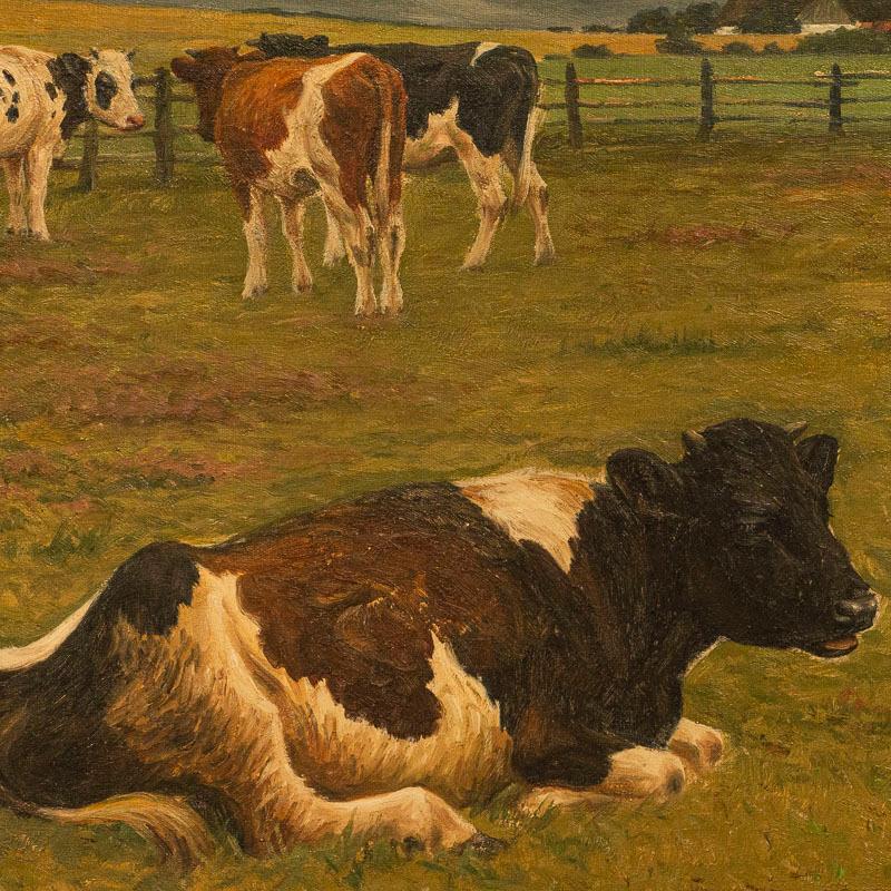 Danish Vintage Original Oil on Canvas Painting of Grazing Cattle Signed by Poul Steffen