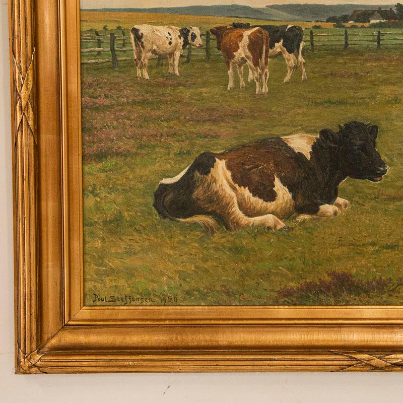 Vintage Original Oil on Canvas Painting of Grazing Cattle Signed by Poul Steffen In Good Condition In Round Top, TX