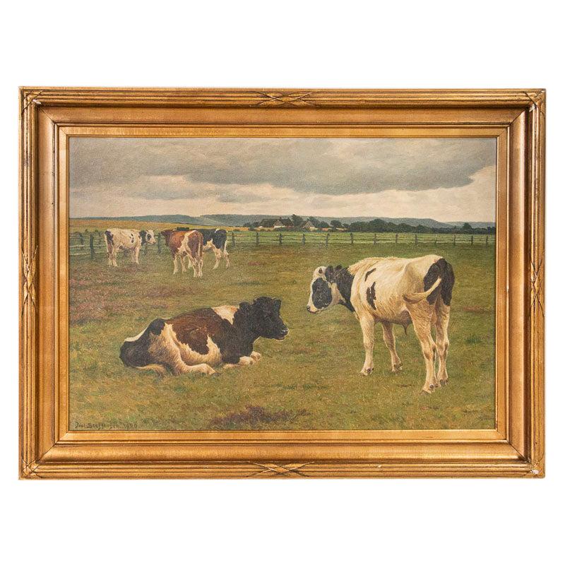 Vintage Original Oil on Canvas Painting of Grazing Cattle Signed by Poul Steffen