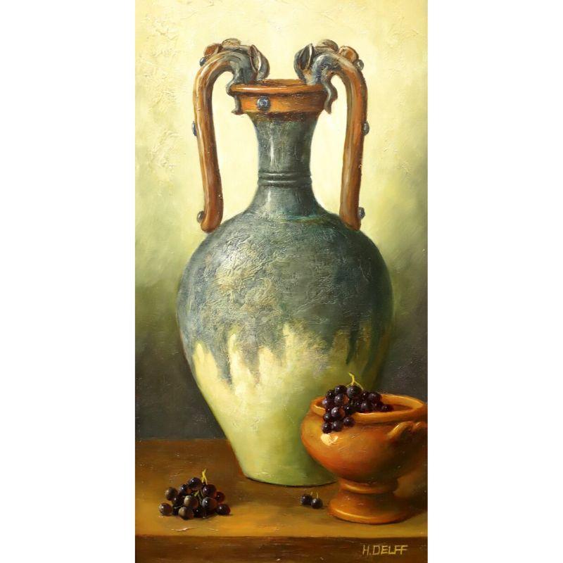 Un dipinto a olio su tela originale del XX secolo. Senza titolo, (Urna con uva). Firmato 