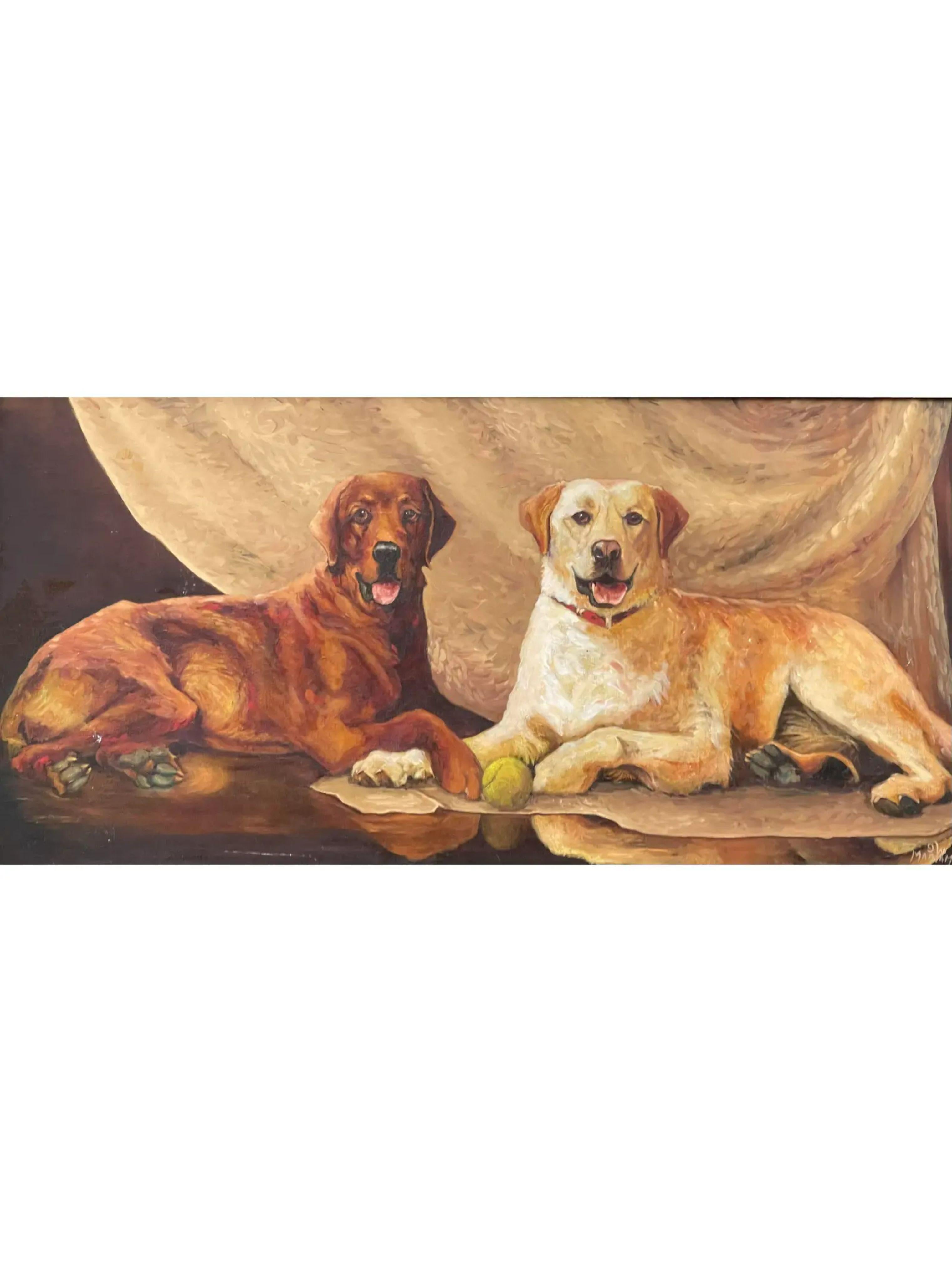 Vintage Original Oil Painting of 2 Labrador Dogs. Featuring a pair of recumbent yellow and chocolate labs. Well painted, frame marked Markcum Graffiti..

Additional information: 
Materials: Oil Paint
Color: Sienna
Period: 1980s
Art Subjects: