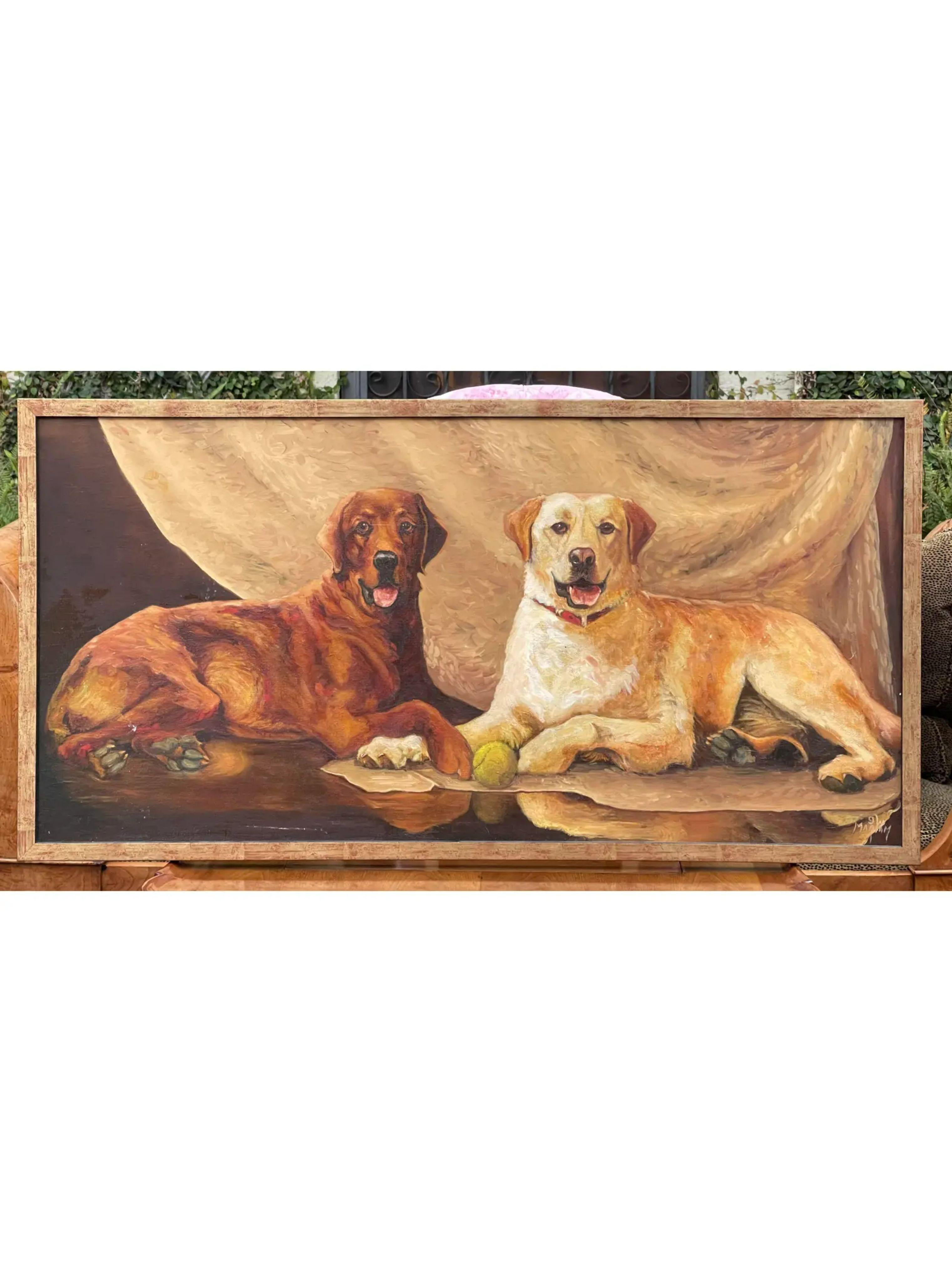 Canvas Vintage Original Oil Painting of 2 Dogs, 1980s