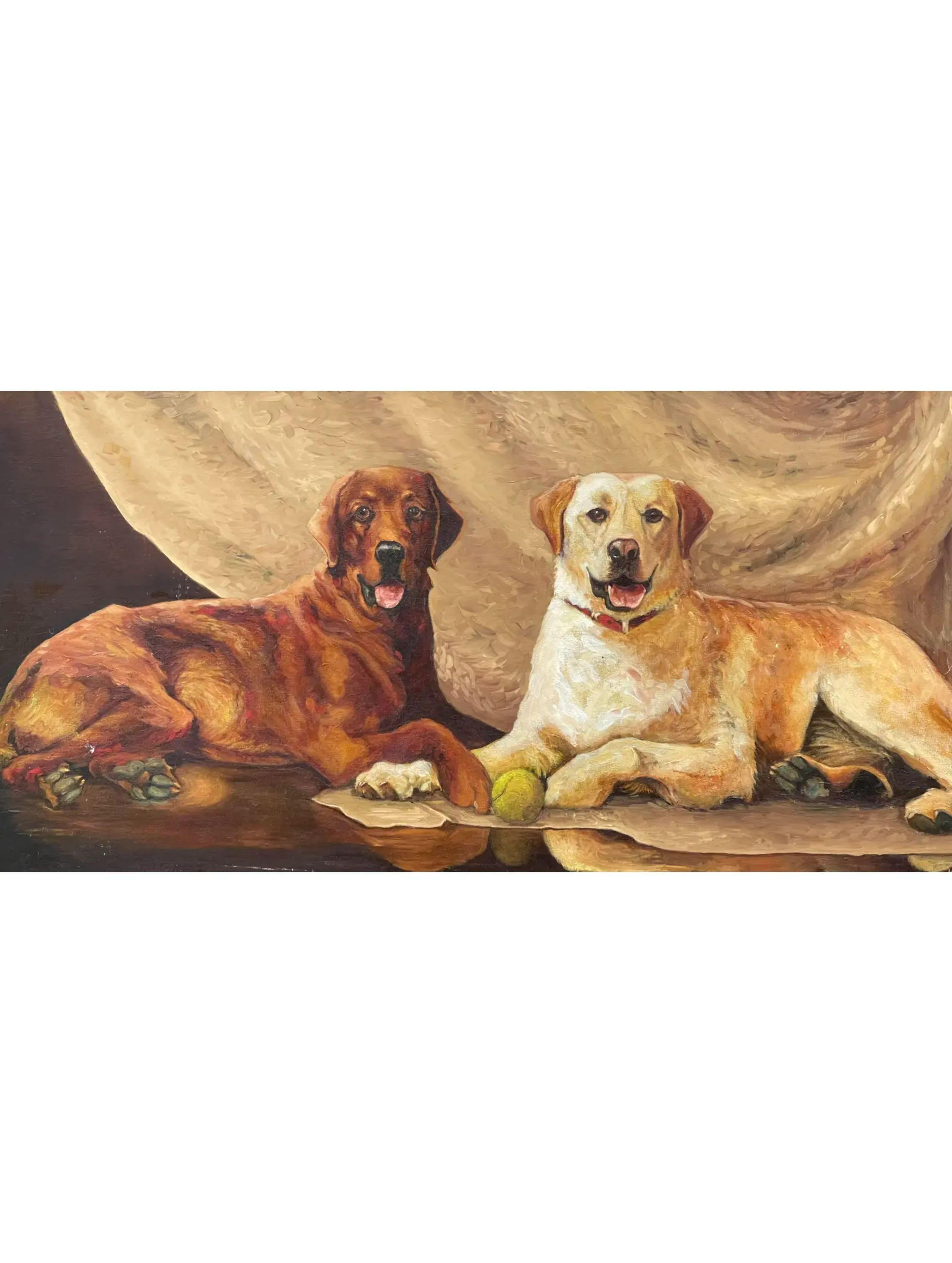 Vintage Original Oil Painting of 2 Dogs, 1980s 1