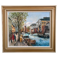 Vintage Original Oil Painting of a Canal Cityscape, circa 1970s
