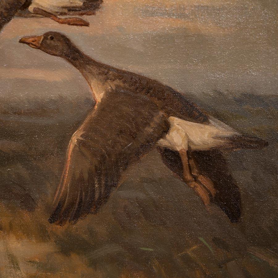 Danish Vintage Original Oil Painting of a Flight of Geese, Knud Edsberg