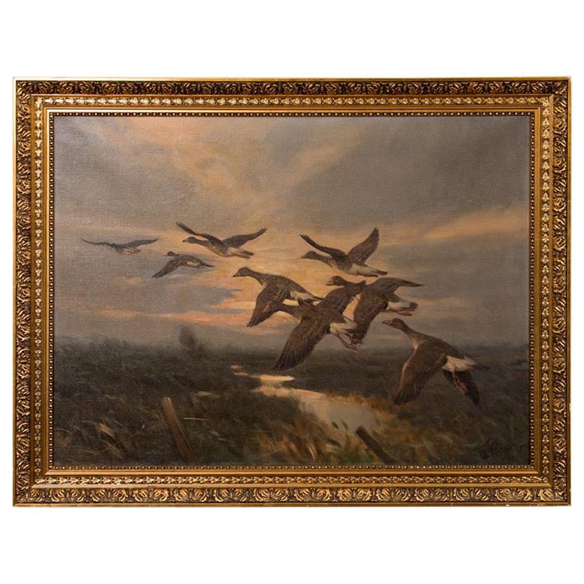 Vintage Original Oil Painting of a Flight of Geese, Knud Edsberg