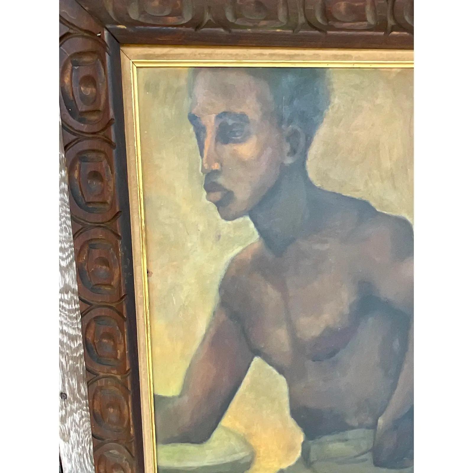 Fantastic original oil painting of a man. Rich and moody tones dominate the composition. Signed by the artist, but I can’t make out the signature. Beautiful hand carved frame.