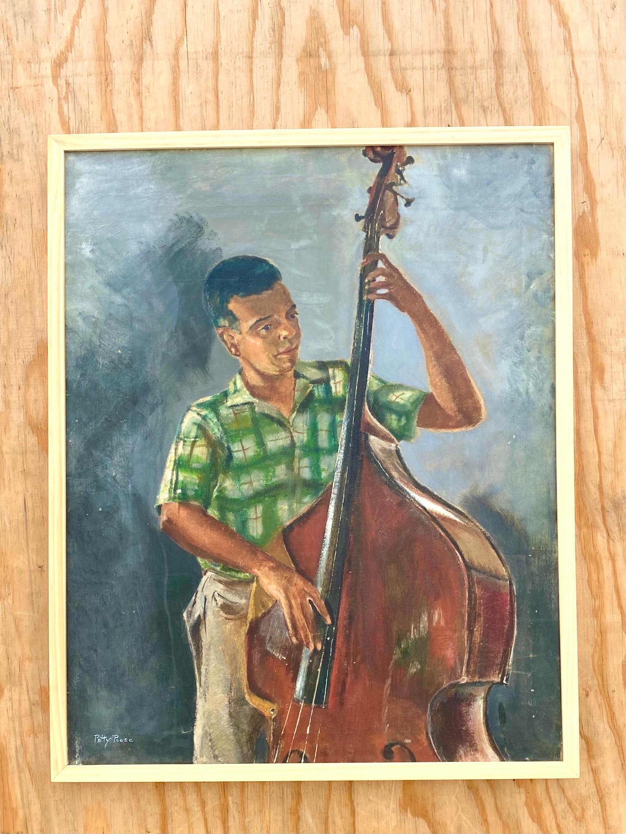 Fantastic vintage original oil painting. Signed by the artist Patty Pease. A fabulous composition of a MCM bass player.