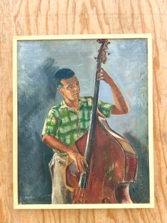 Vintage Original Oil Painting of Bass Player Signed Patty Pease