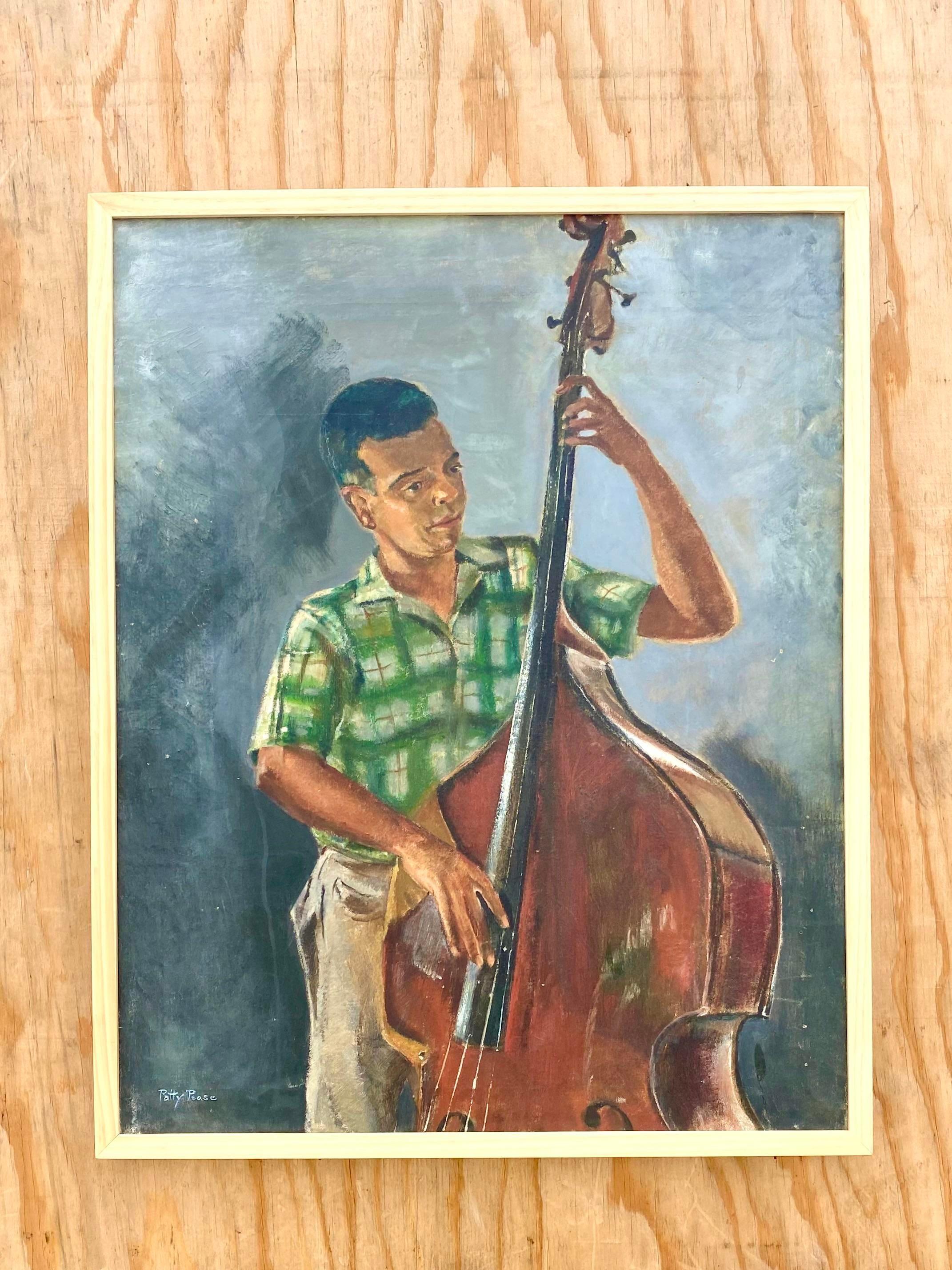 Vintage Original Oil Painting of Bass Player Signed Patty Pease In Good Condition For Sale In west palm beach, FL