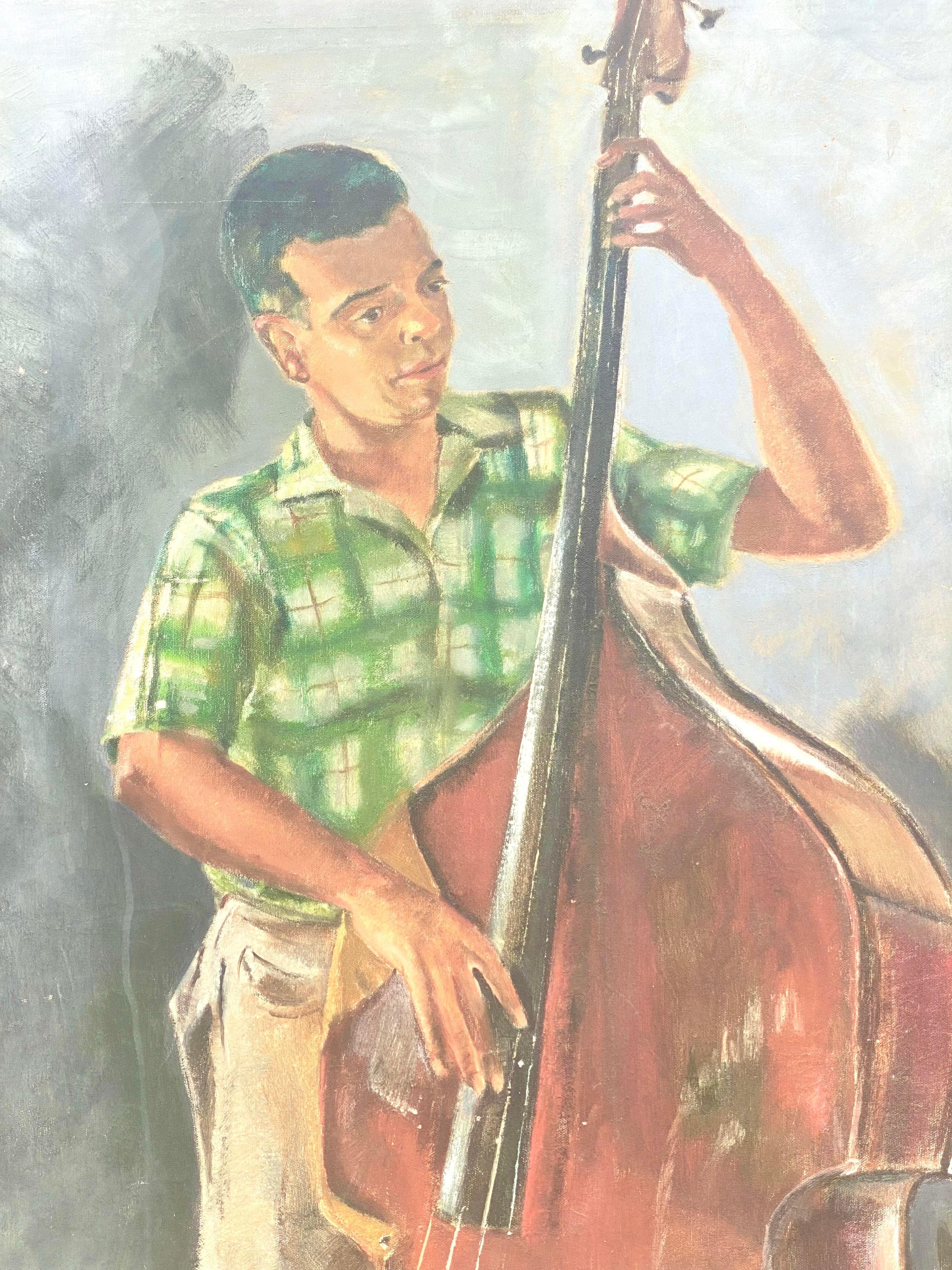 20th Century Vintage Original Oil Painting of Bass Player Signed Patty Pease For Sale