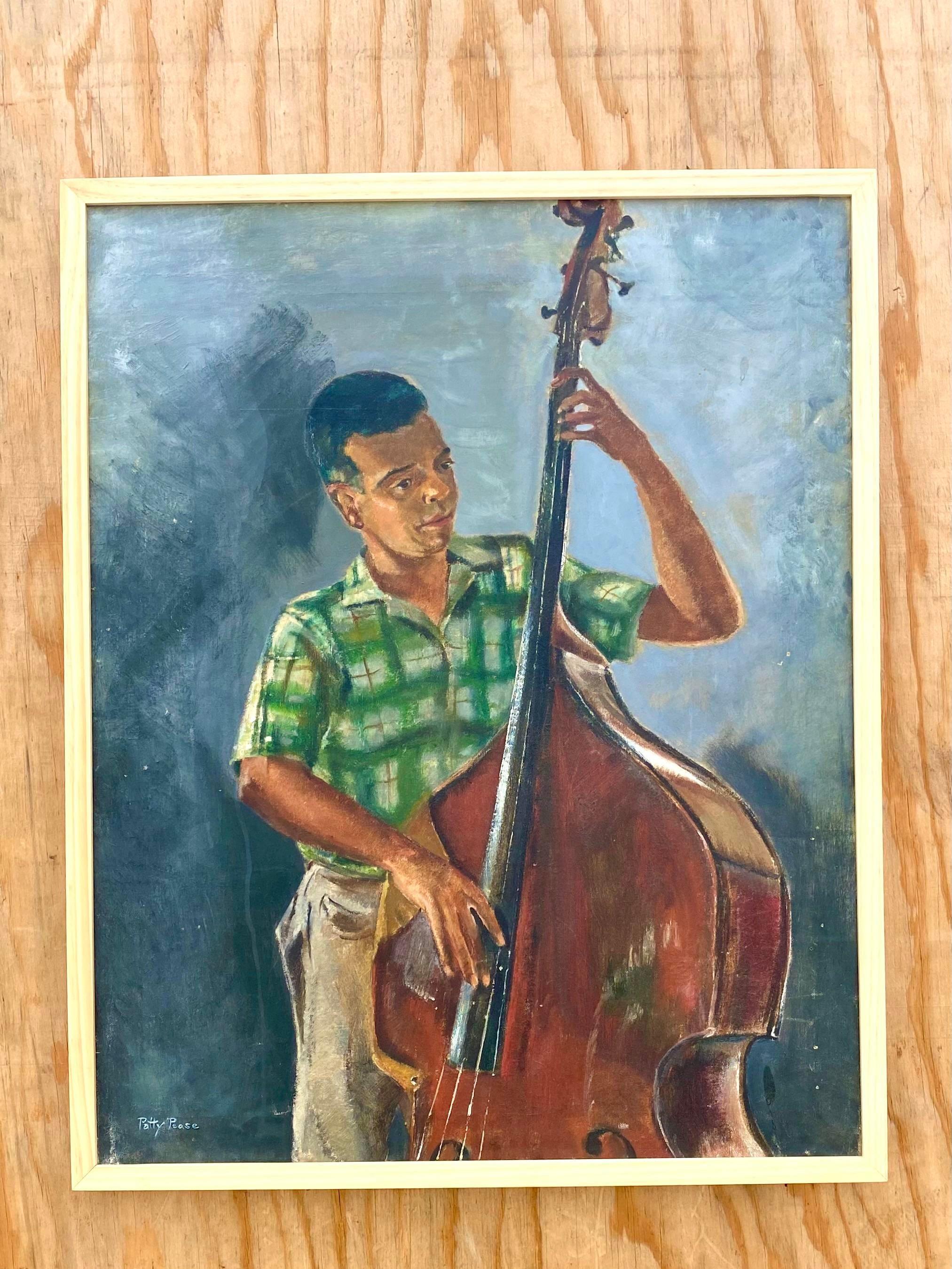 Vintage Original Oil Painting of Bass Player Signed Patty Pease For Sale 1