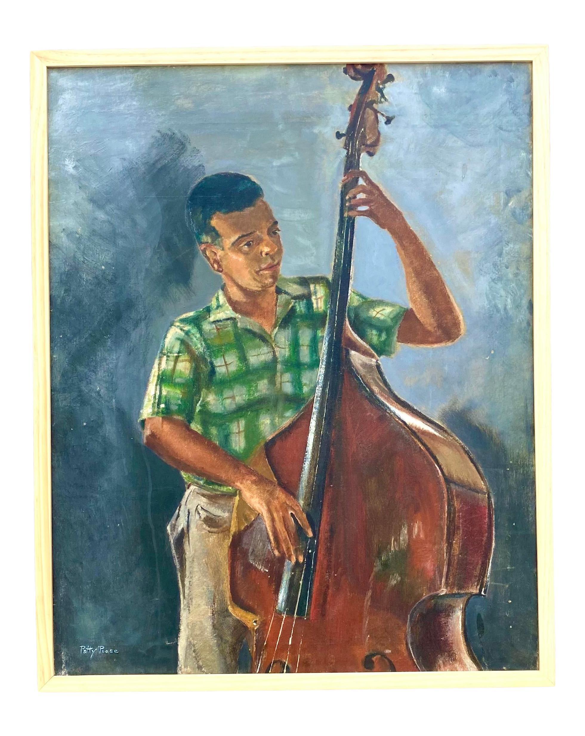 Vintage Original Oil Painting of Bass Player Signed Patty Pease For Sale