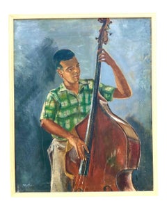 Vintage Original Oil Painting of Bass Player Signed Patty Pease
