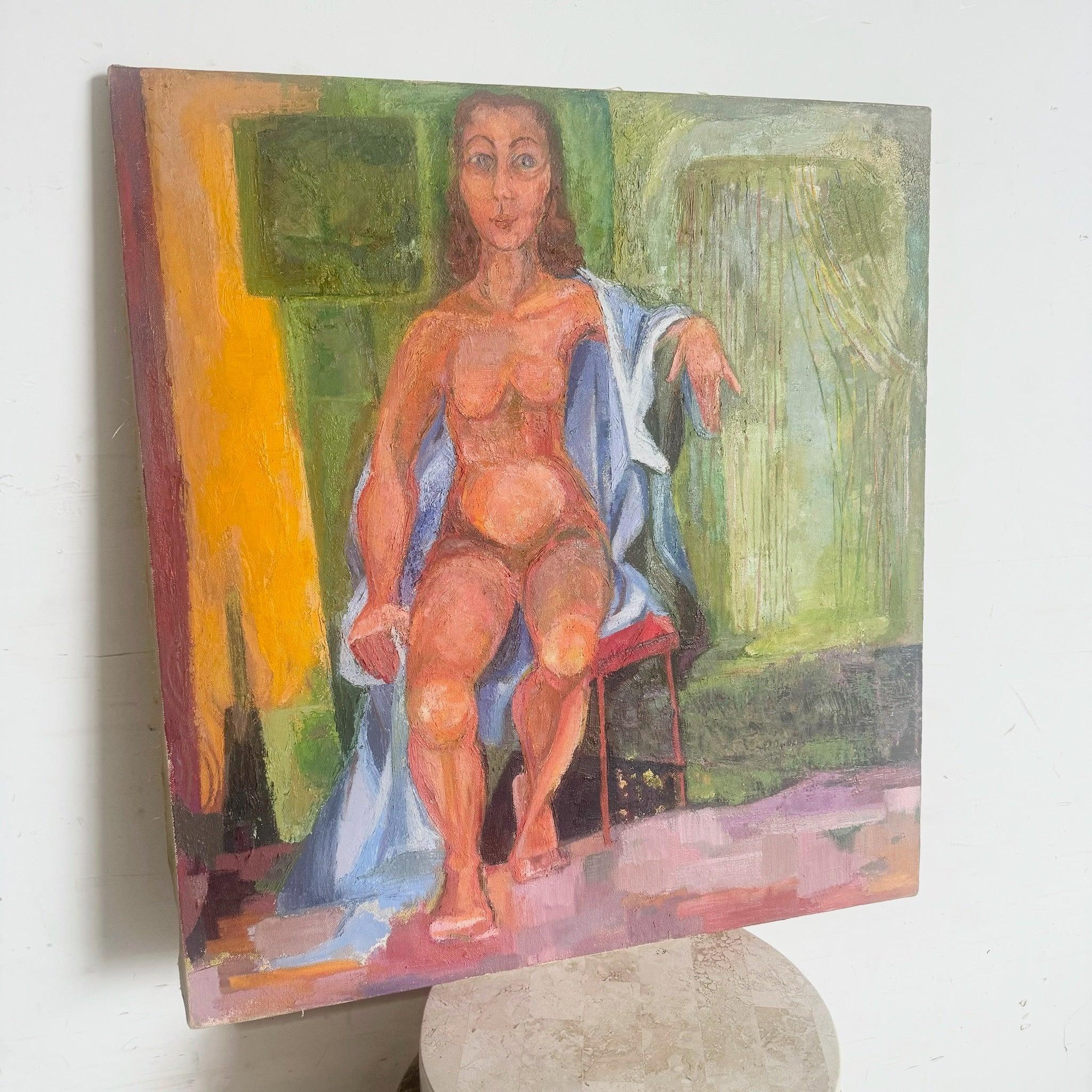 Vintage Original Oil Painting of Nude Woman Sitting, showcasing expressive brushstrokes and warm tones, perfect for art enthusiasts.
 
 We sell items as acquired, without restoring or repairing. Vintage pieces may have age-related wear. Review