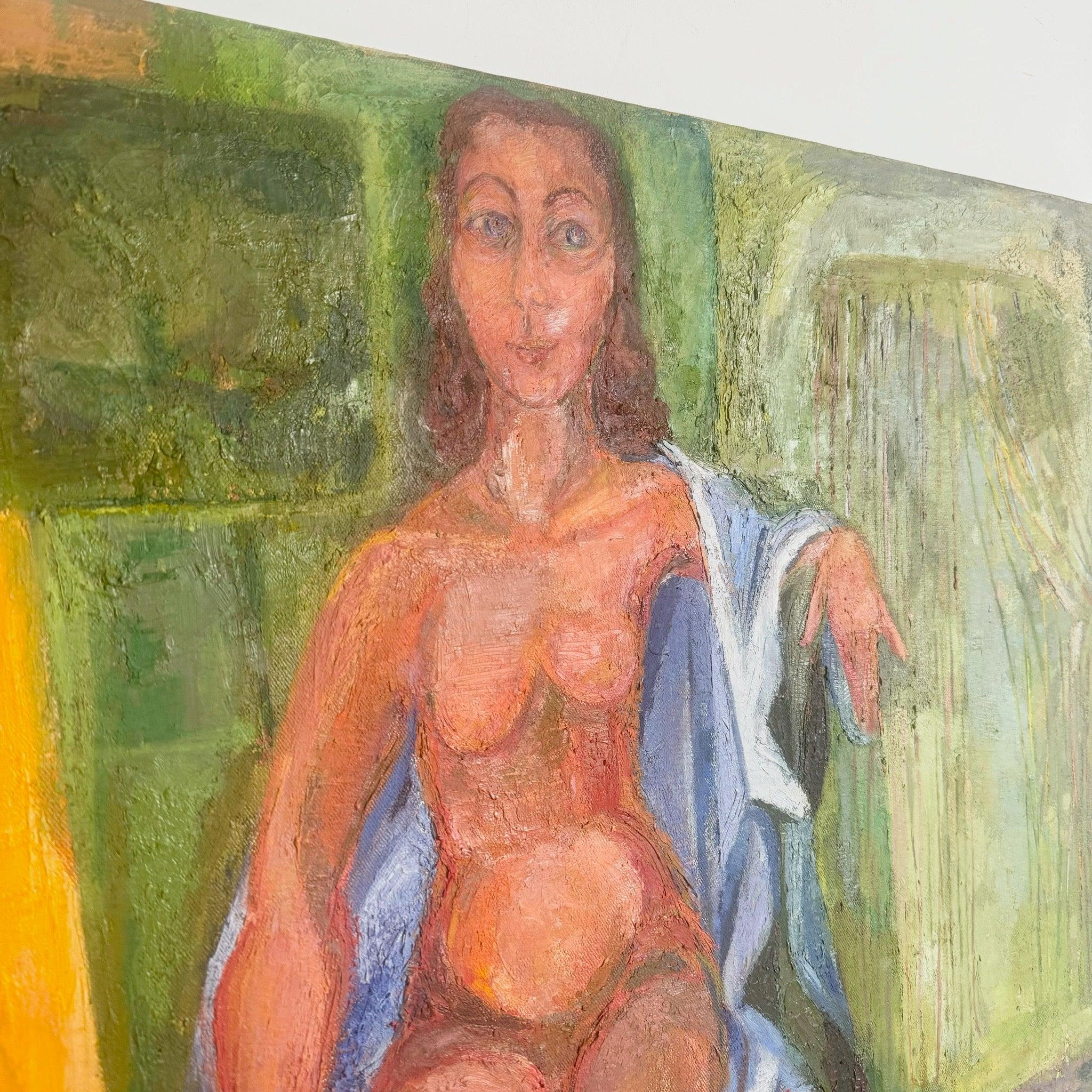 20th Century Vintage Original Oil Painting of Nude Woman Sitting For Sale