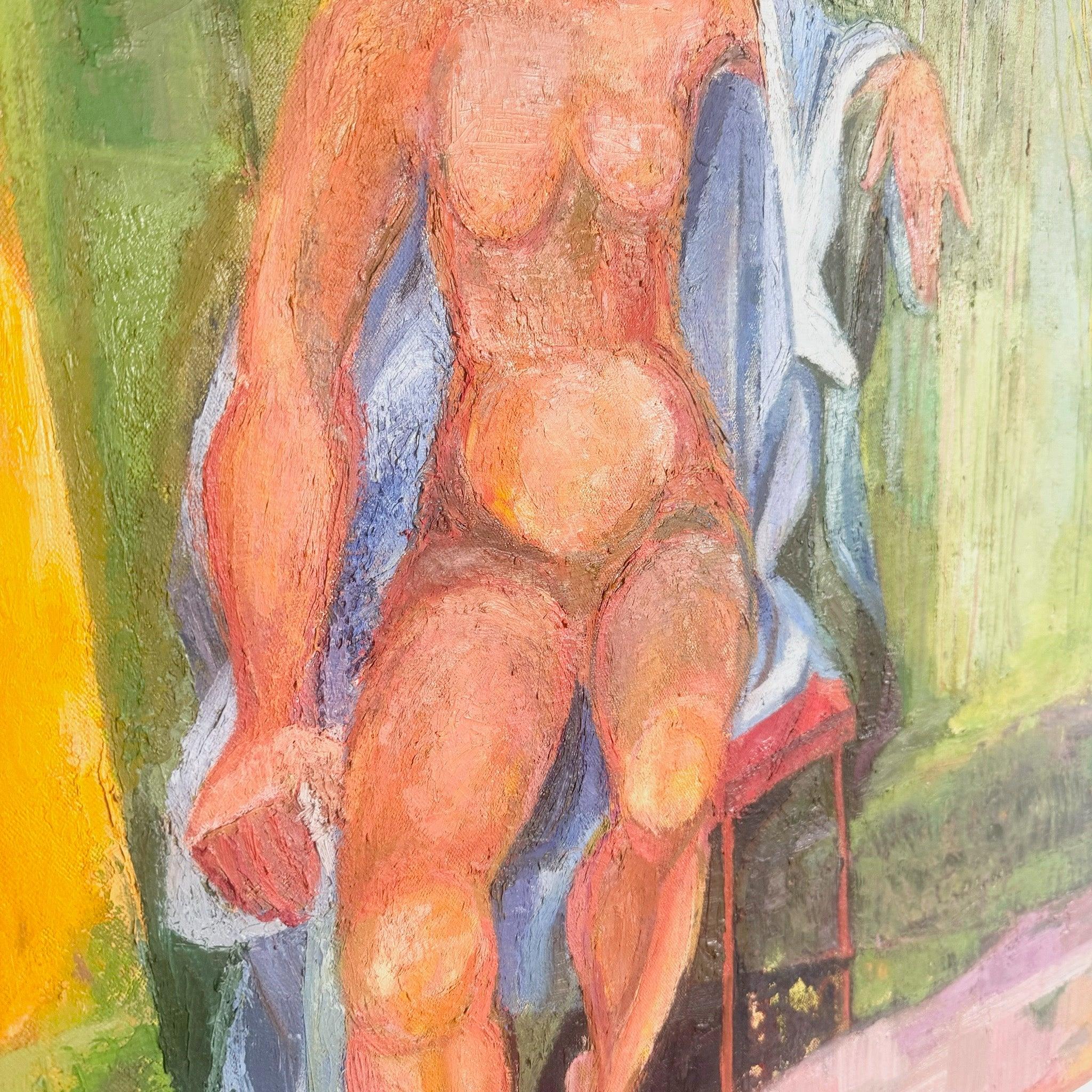 Canvas Vintage Original Oil Painting of Nude Woman Sitting For Sale