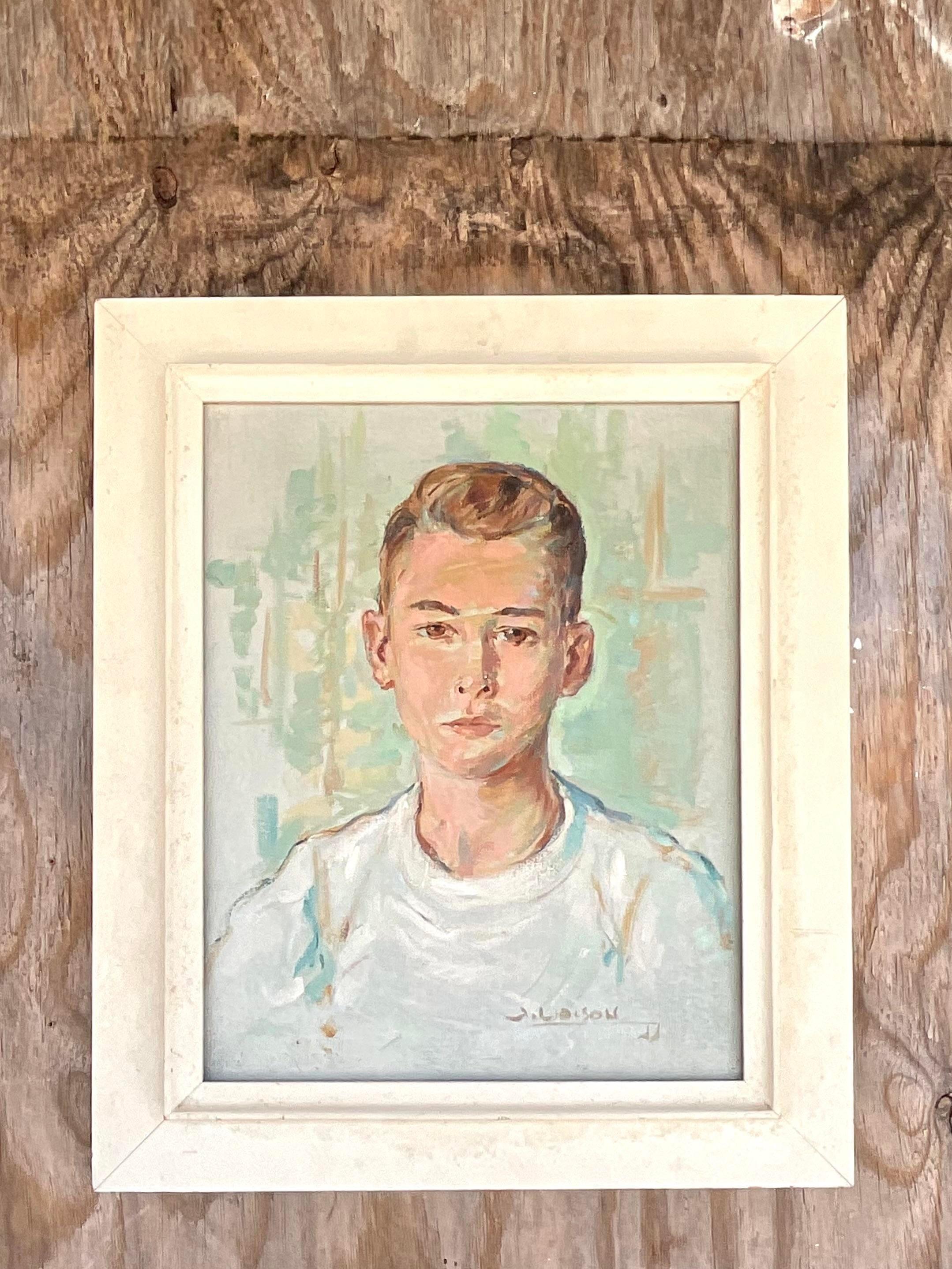 Originales Vintage-Ölgemälde eines jungen Mannes, signiert im Angebot 4
