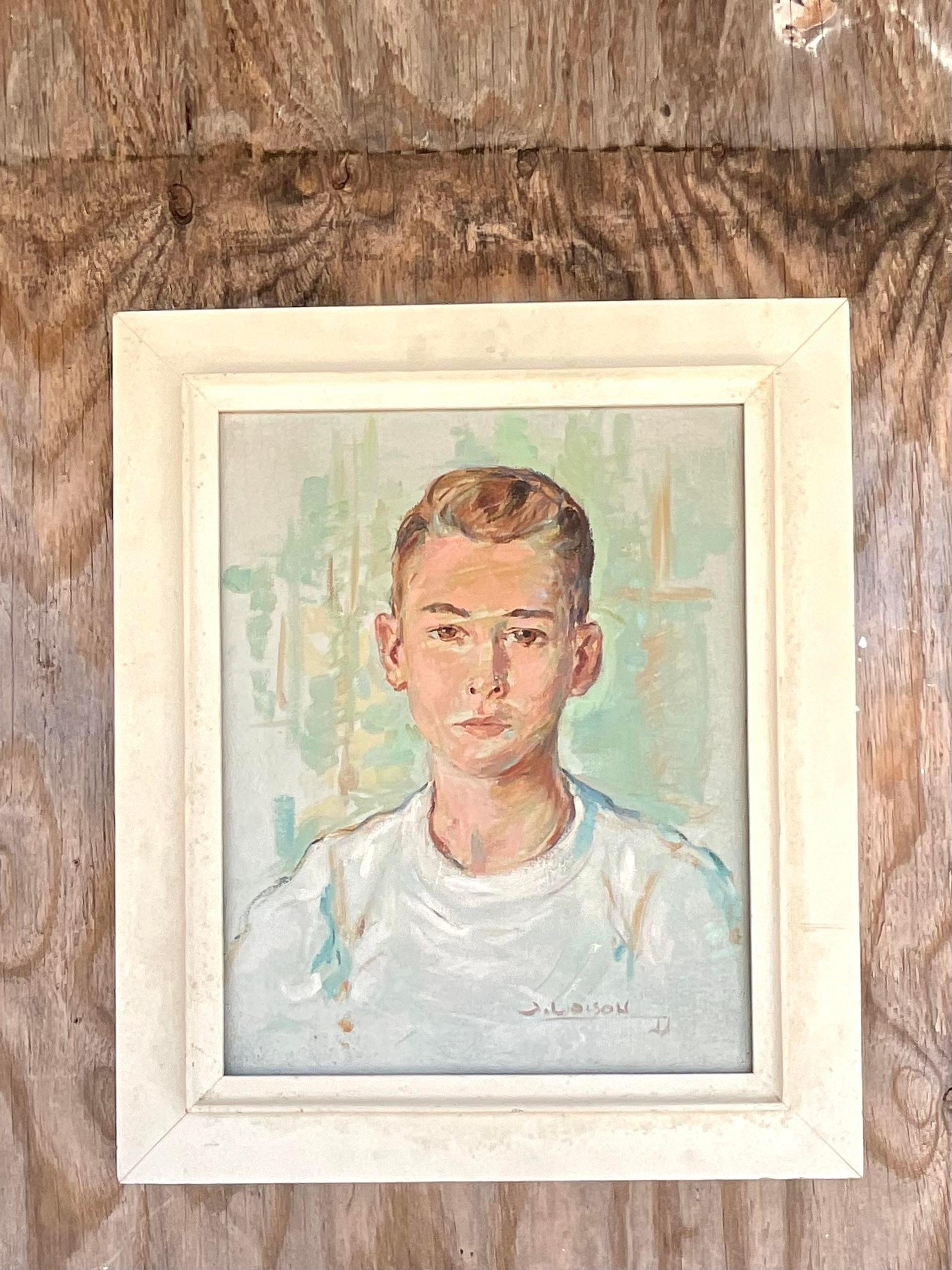 Ein fabelhaftes Original-Ölgemälde im Vintage-Stil. Eine schicke Komposition eines Mannes in kühlen, klaren Farben. Vom Künstler signiert und datiert. Erworben aus einem Nachlass in Palm Beach