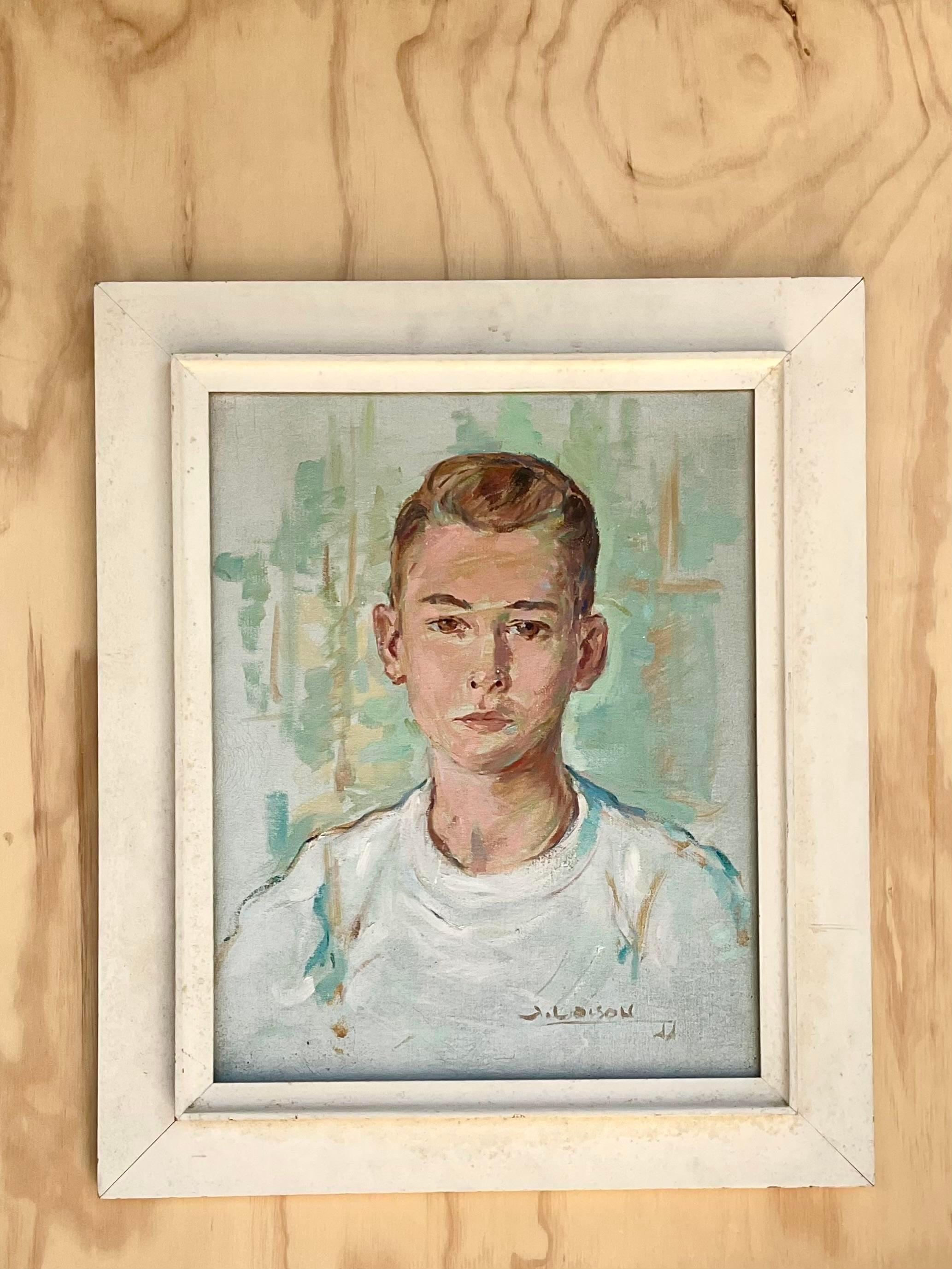 Originales Vintage-Ölgemälde eines jungen Mannes, signiert (Moderne der Mitte des Jahrhunderts) im Angebot