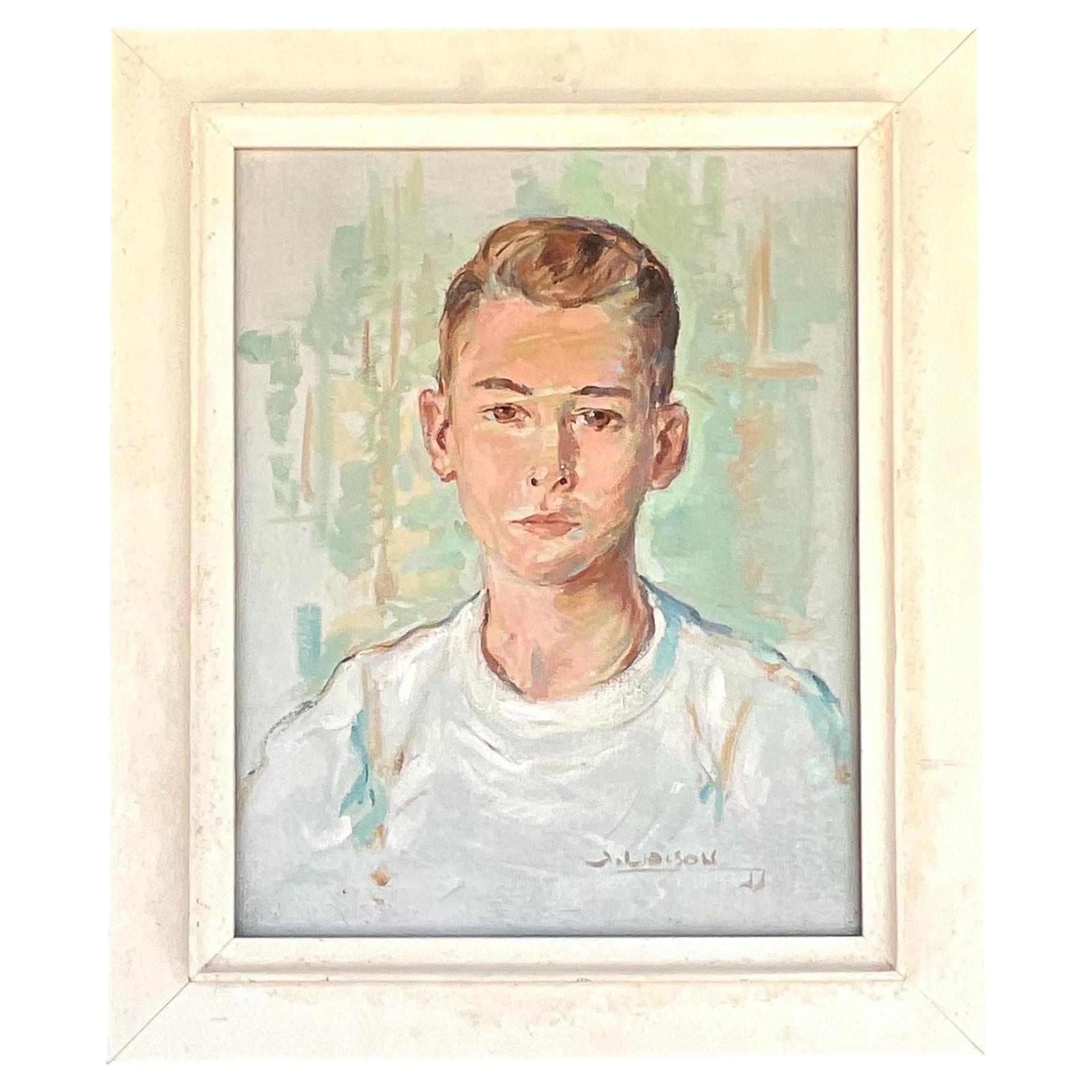 Pittura ad olio originale d'epoca di un giovane uomo, firmata