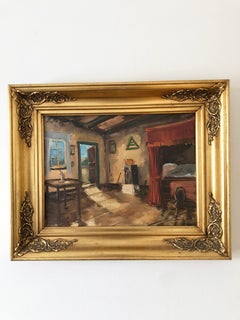 Vintage Original Cottage Interior Oil Painting
