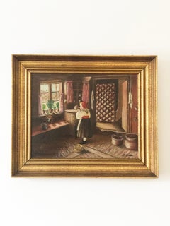 Vintage Original Cottage Interior Oil Painting