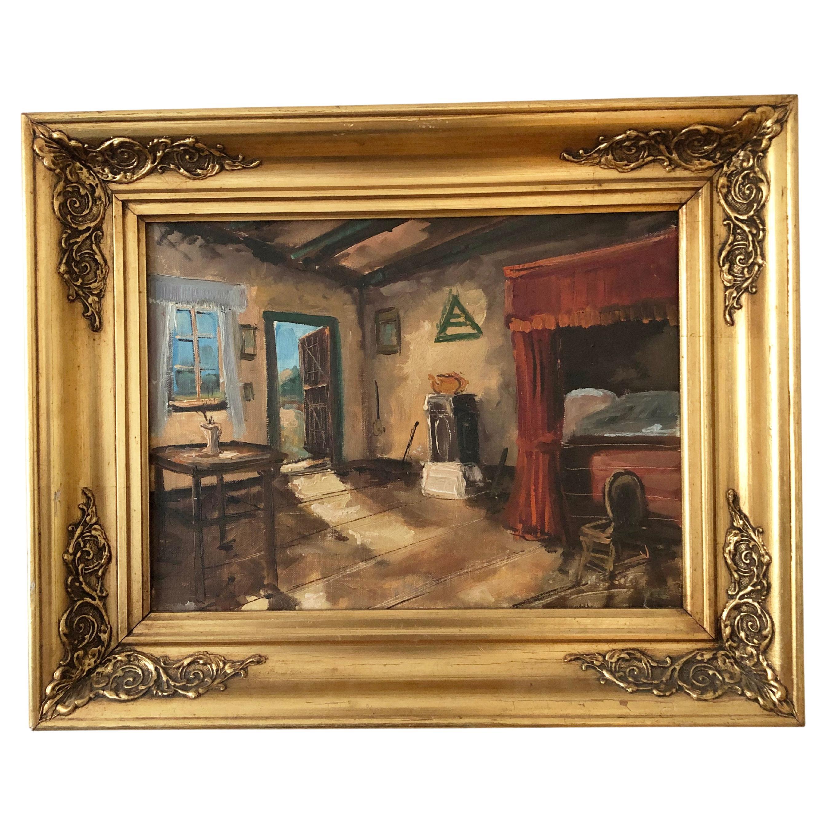 Vintage Original Ölgemälde mit einem Landhaus Interieur