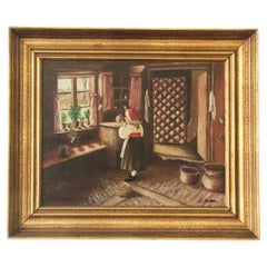Vintage Original Ölgemälde mit einem Landhaus Interieur