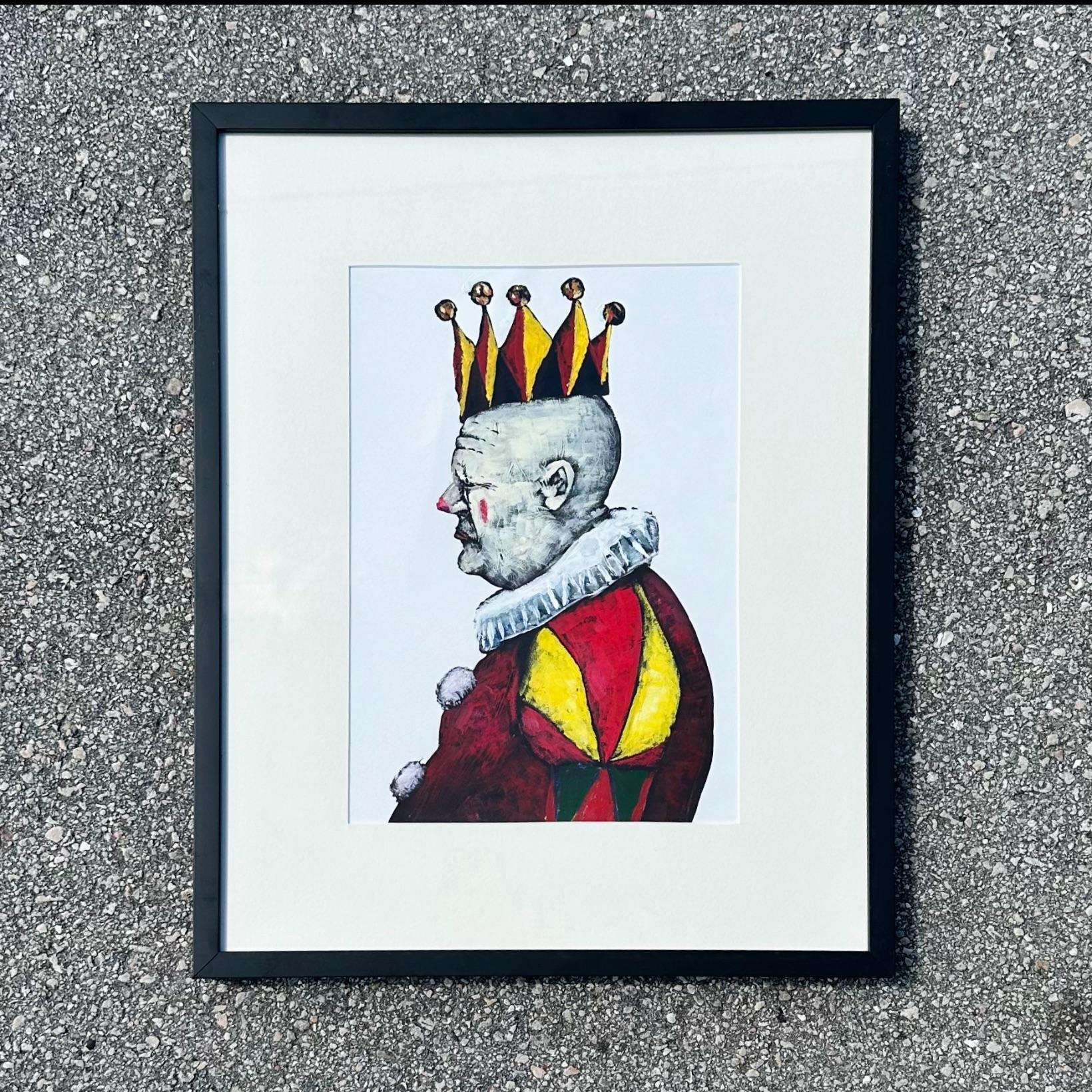 This vintage painting of a jester is extremely unique. The strong primary colors and whimsical subject matter are sure to bring life to a space. Acquired from a Palm Beach estate. 