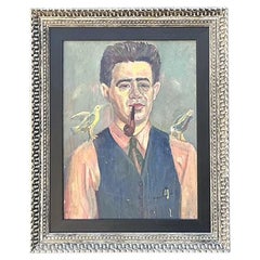 Vintage Original Oil Portrait of Man With Birds