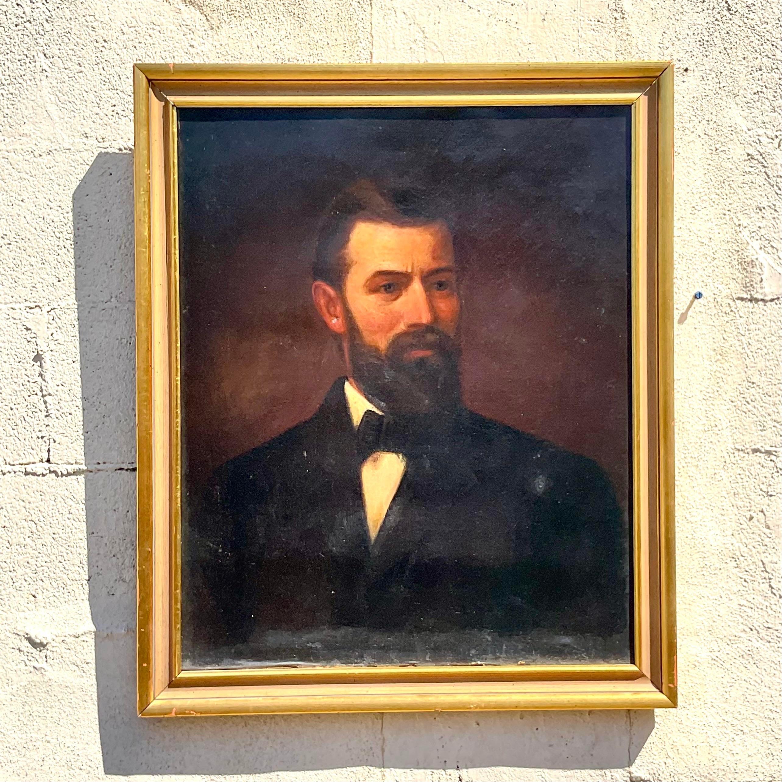 American Vintage Original Oil Portrait Painting on Canvas For Sale