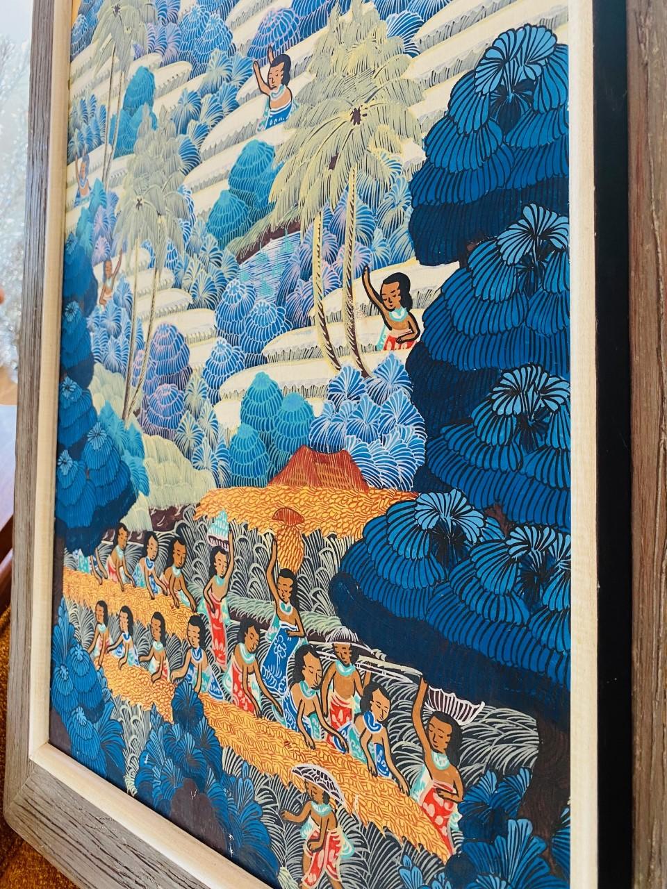 Belle peinture originale vintage signée par Kt. Teker décrivant la vie à Penestanan. Cette belle représentation de Penestanan à Bali, fait ressortir les couleurs et le paysage. Cette peinture représente des femmes de l'île travaillant assidûment à