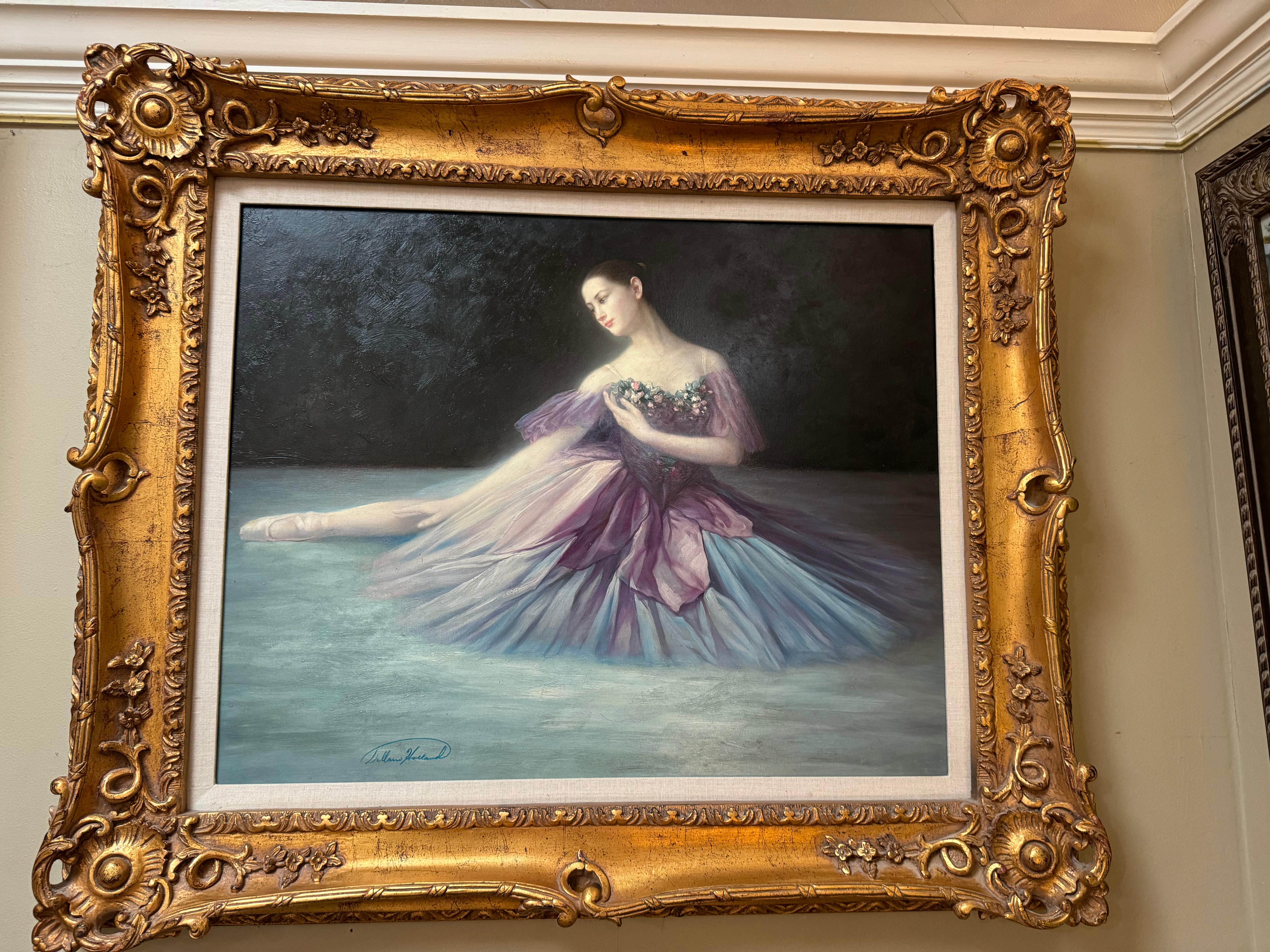 Quadro originale vintage di ritratto di ballerina, olio su tela  incorniciato con una cornice dorata molto ampia e decorata, l'ho acquistato da una signora in una vendita immobiliare.  Ha detto che apparteneva a un suo amico che girava il mondo e