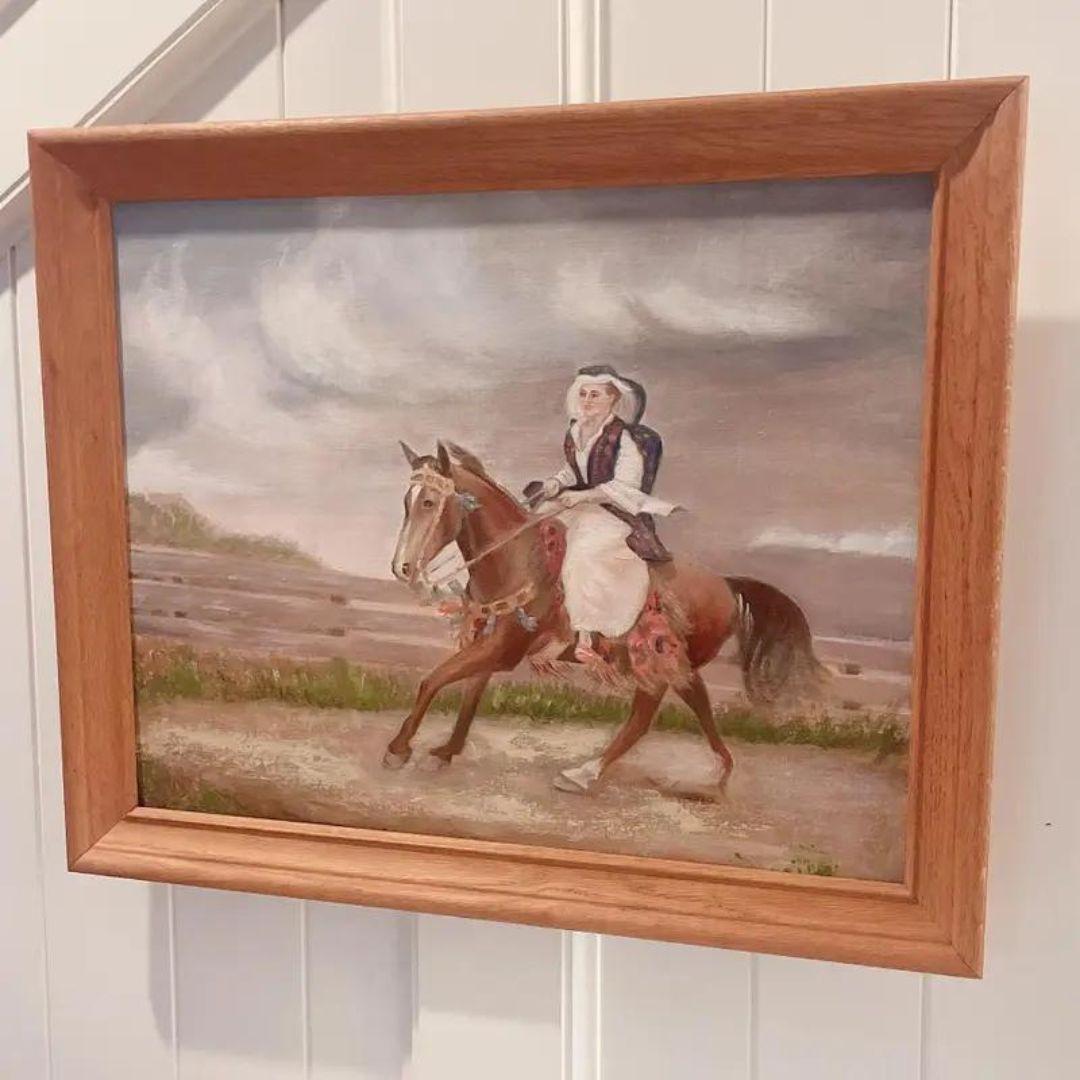 American Vintage Original Painting of European Lady Horseback Framed For Sale