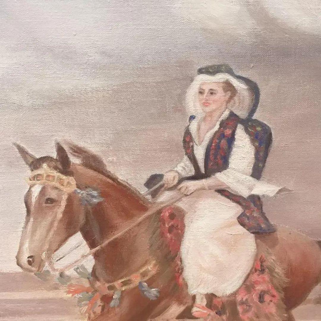 20th Century Vintage Original Painting of European Lady Horseback Framed For Sale