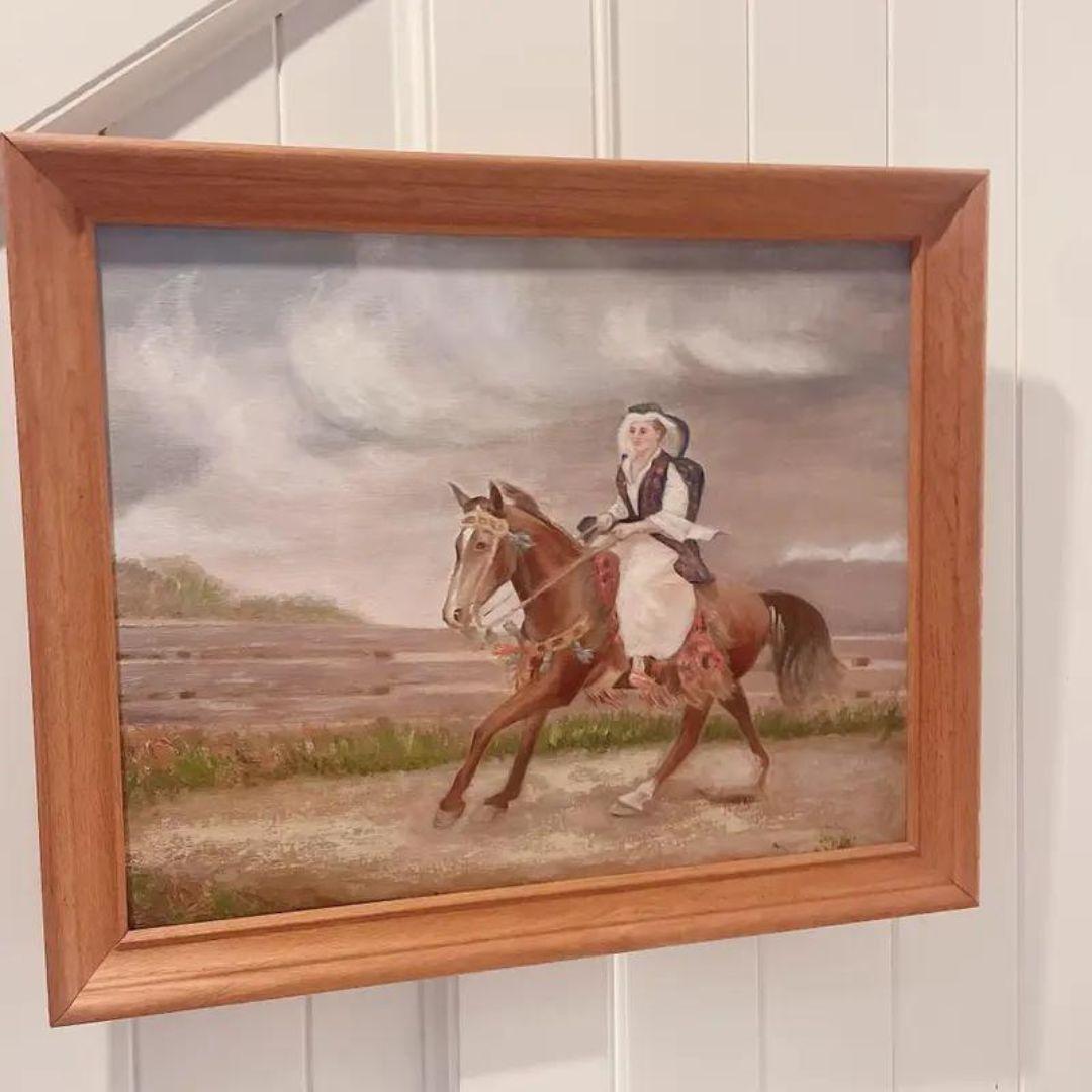Textile Vintage Original Painting of European Lady Horseback Framed For Sale