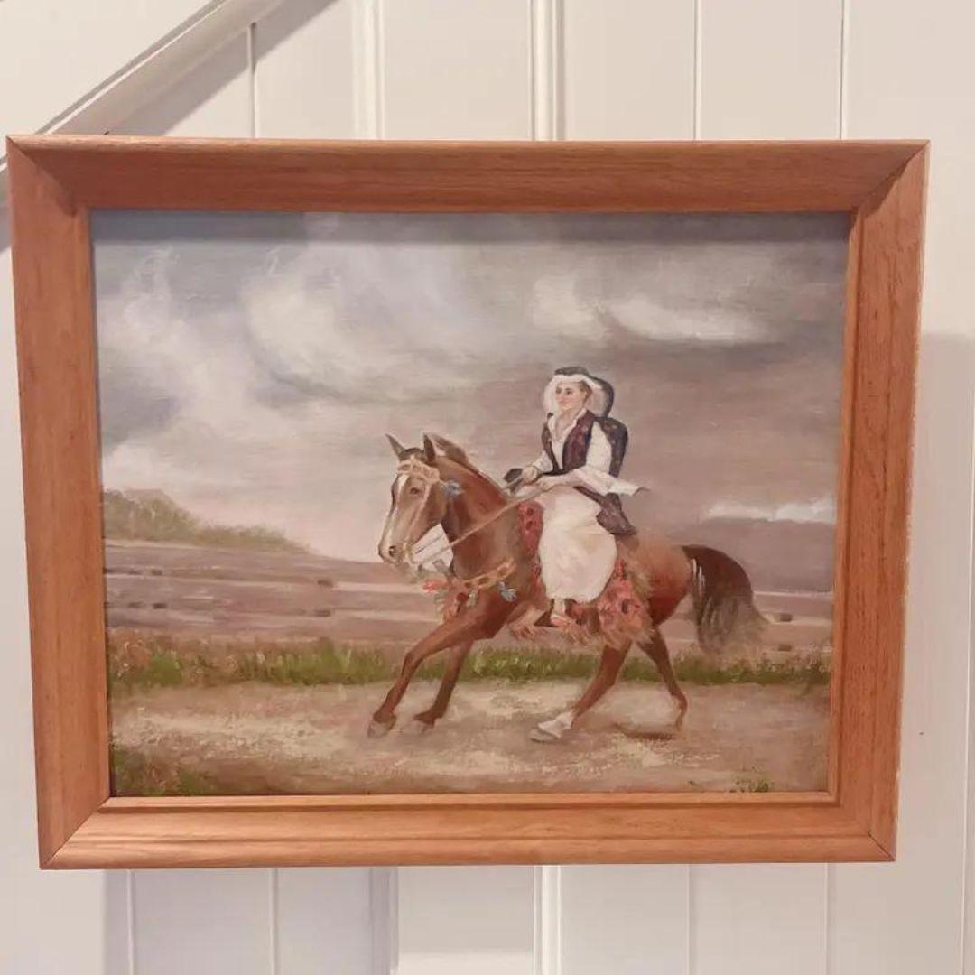 Vintage Original Painting of European Lady Horseback Framed For Sale 1
