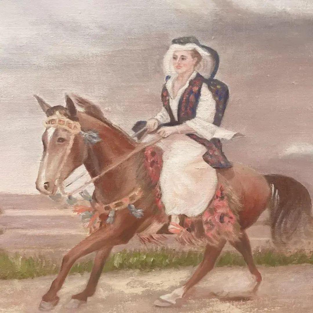 Vintage Original Painting of European Lady Horseback Framed For Sale 2
