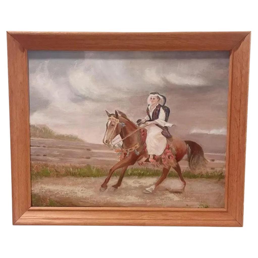 Vintage Original Painting of European Lady Horseback Framed For Sale