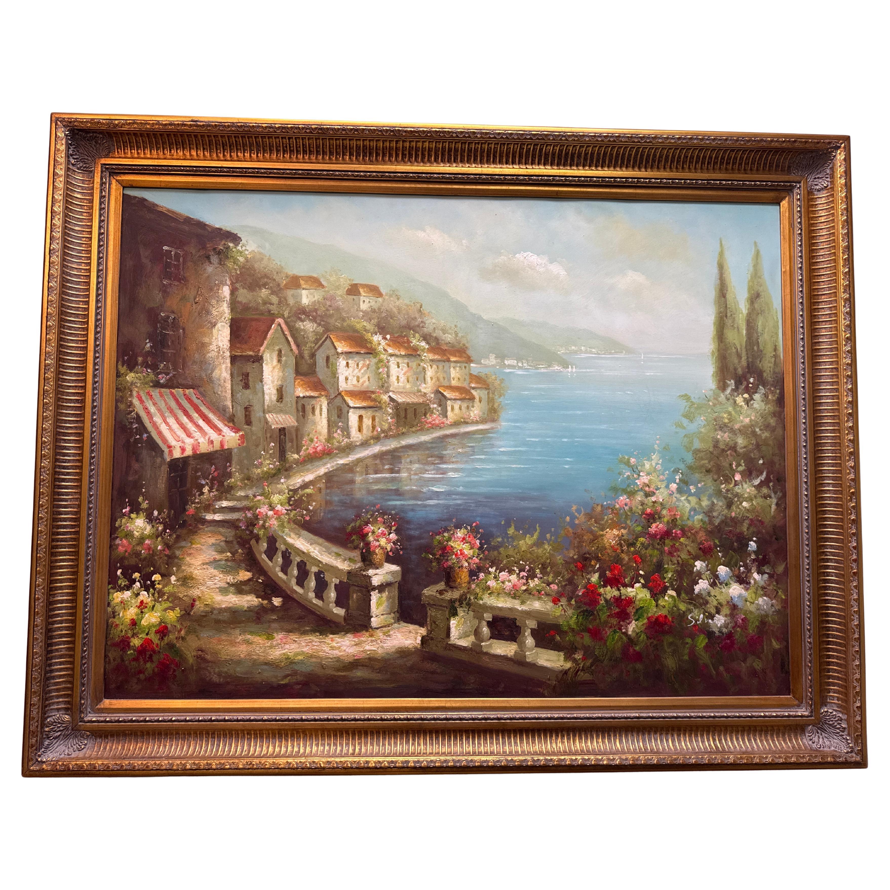 Quadro originale vintage di una città europea sul mare in vendita